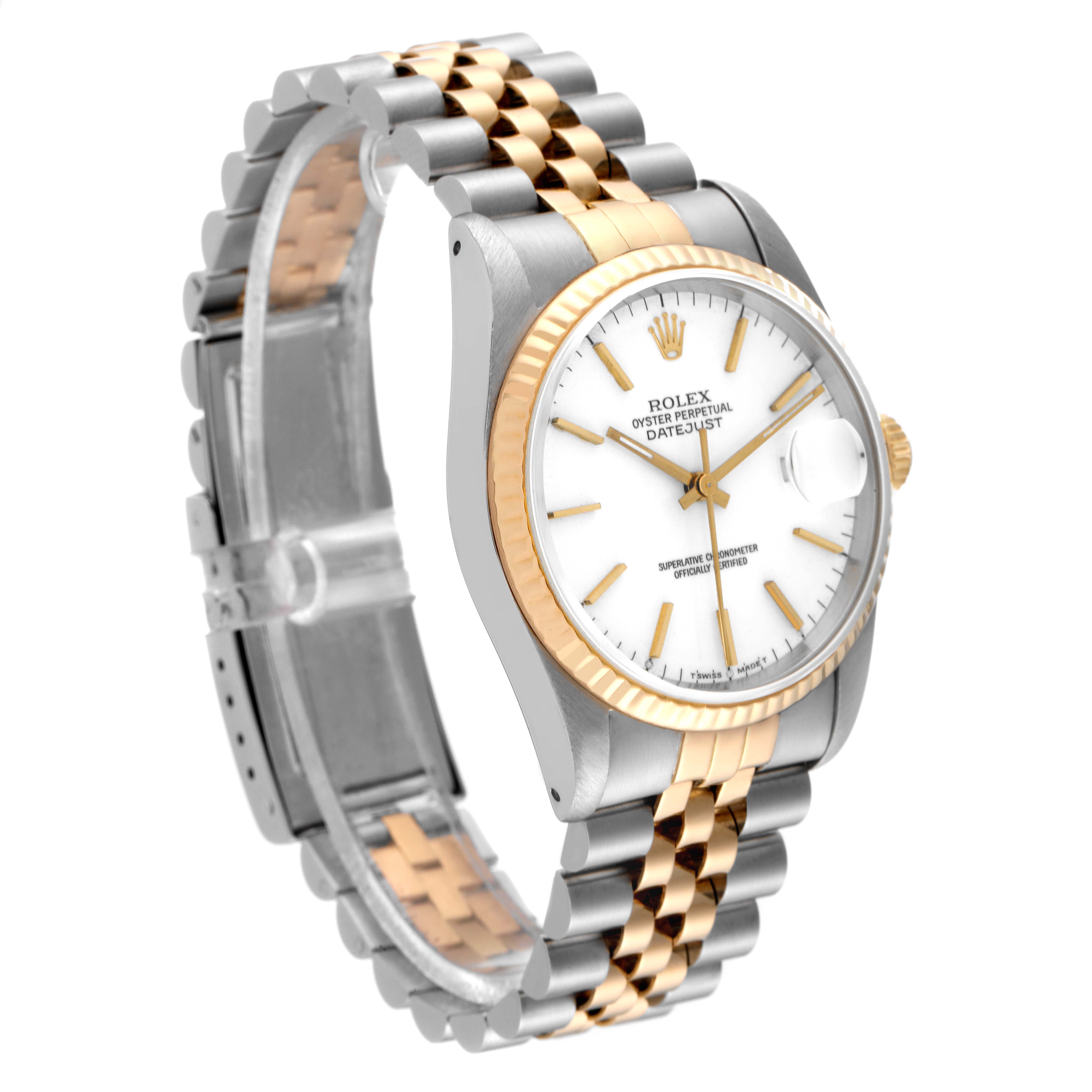 The image shows a Rolex Datejust 16233 Men's Steel and Gold (two tone) White Dial 16233 Men's Steel and Gold (two tone) White Dial watch at an oblique angle, highlighting its two-tone bracelet, white dial, and fluted bezel.