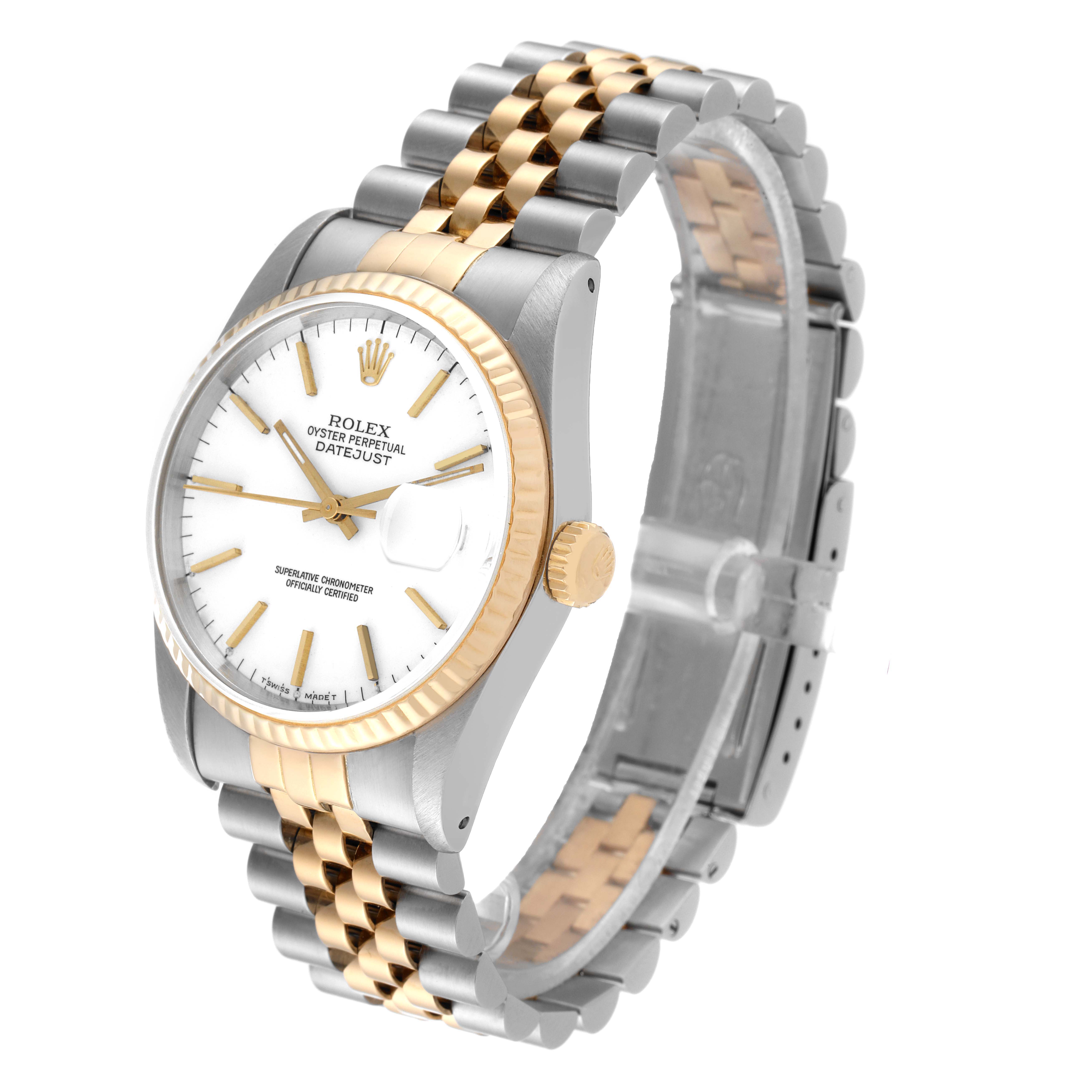 This image shows a Rolex Datejust 16233 Men's Steel and Gold (two tone) White Dial 16233 Men's Steel and Gold (two tone) White Dial watch at a three-quarter angle, highlighting the two-tone bracelet and white dial.