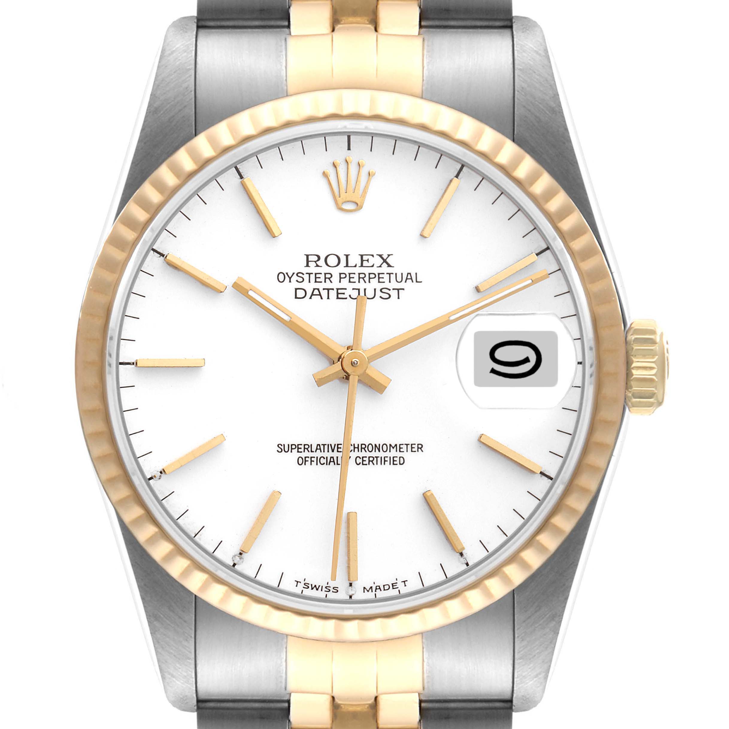 This Rolex Datejust 16233 Men's Steel and Gold (two tone) White Dial 16233 Men's Steel and Gold (two tone) White Dial watch is shown from a front angle, featuring the dial, hands, bezel, and part of the bracelet.