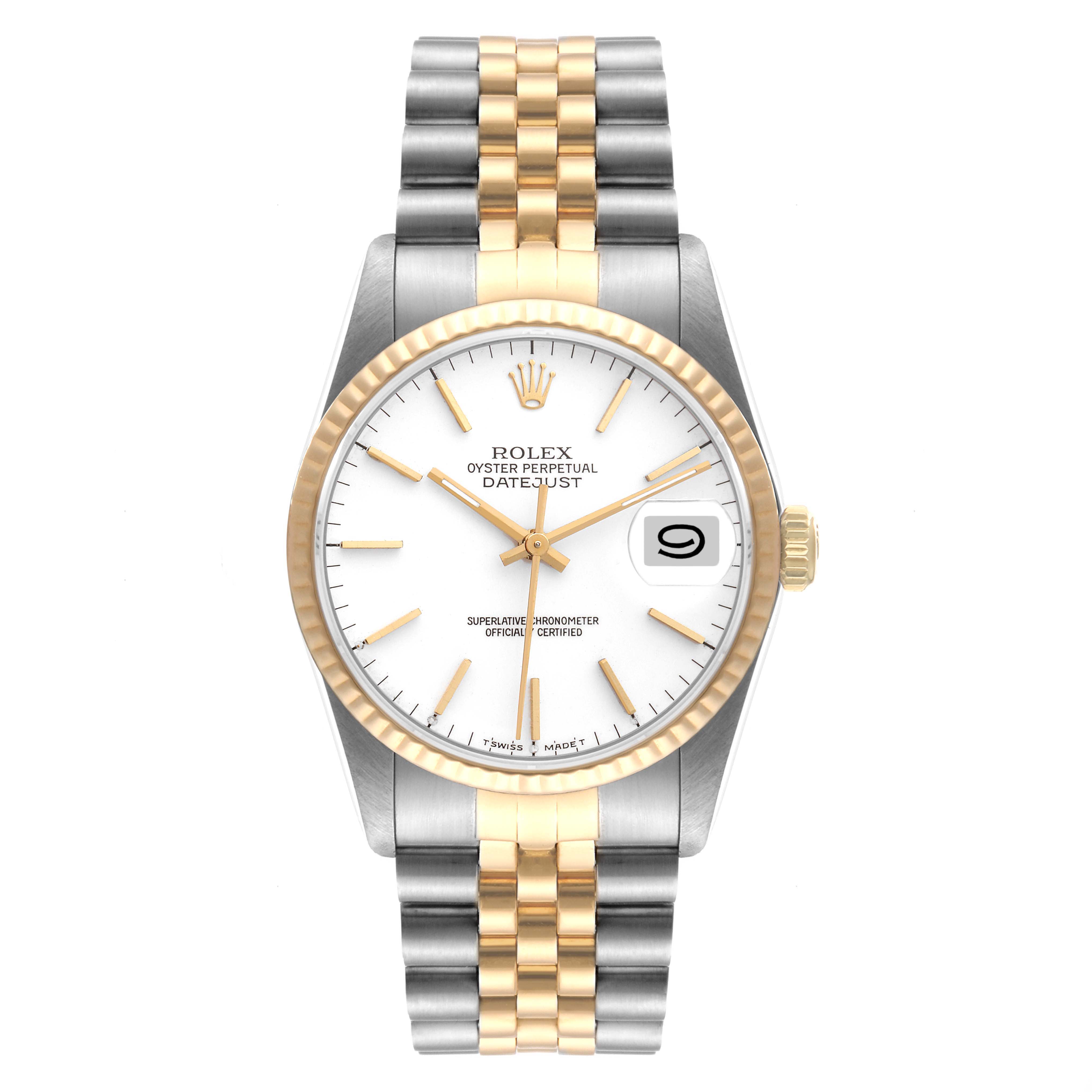 The Rolex Datejust 16233 Men's Steel and Gold (two tone) White Dial 16233 Men's Steel and Gold (two tone) White Dial watch is shown from a top-down angle, displaying its face, bezel, crown, and jubilee bracelet.