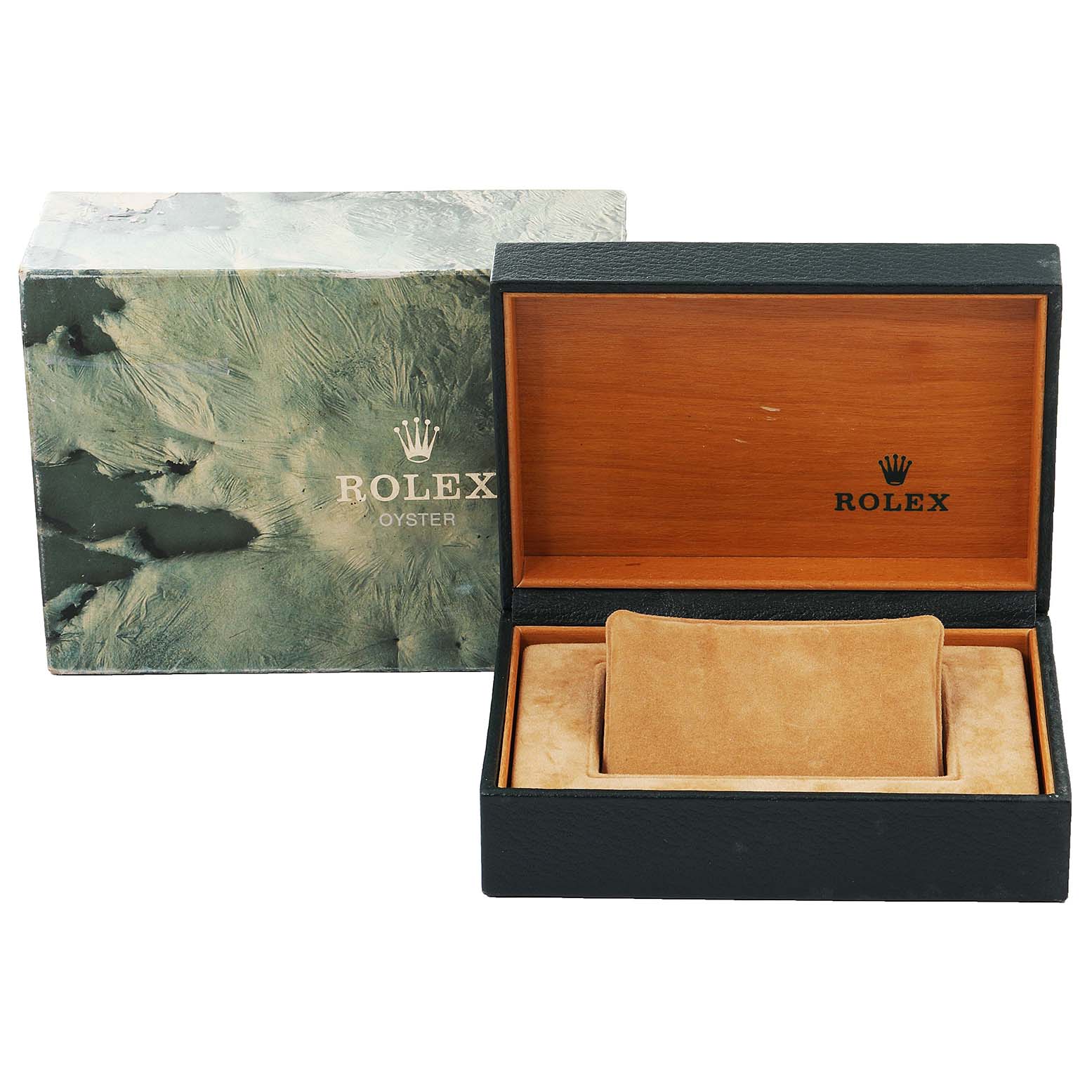 This image shows the open and closed box of a Rolex Datejust 16233 Men's Steel and Gold (two tone) White Dial 16233 Men's Steel and Gold (two tone) White Dial, featuring a wooden and velvet interior.