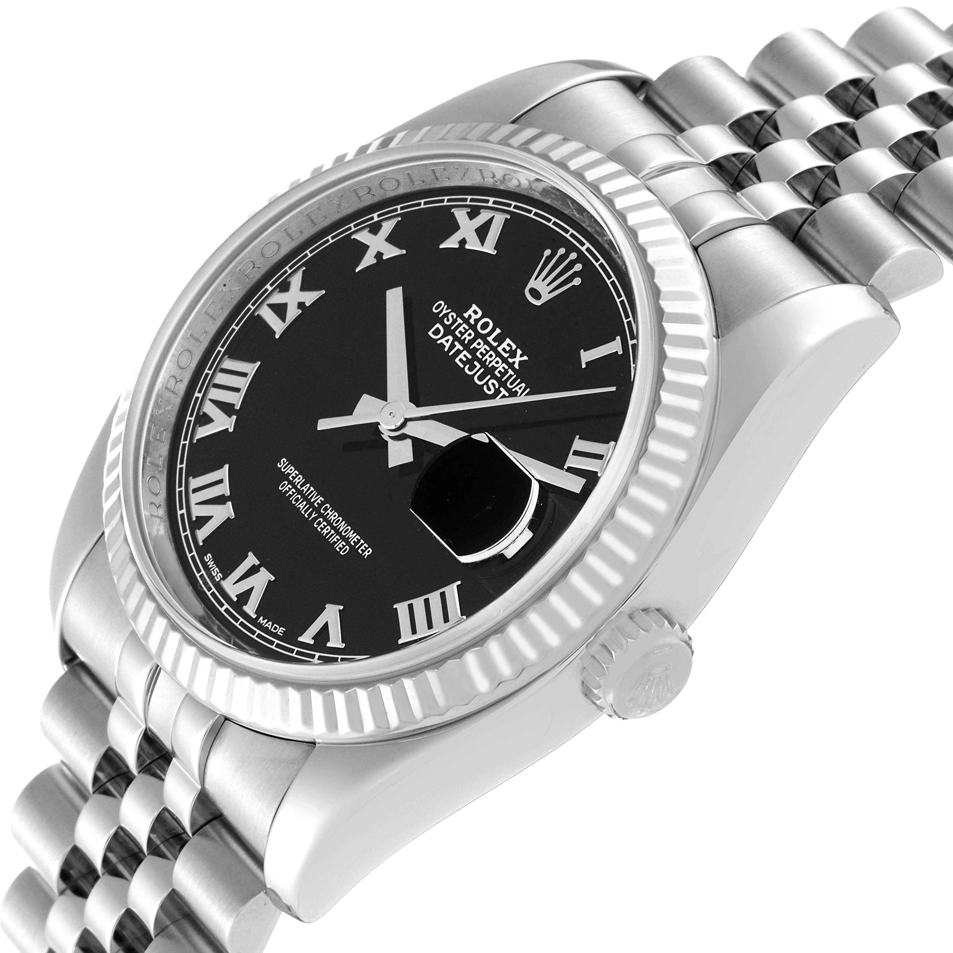 The Rolex Datejust 116234 Men
s Stainless Steel Black Dial 116234 Men
s Stainless Steel Black Dial watch is shown at an angled side view displaying the dial, fluted bezel, jubilee bracelet, and crown.