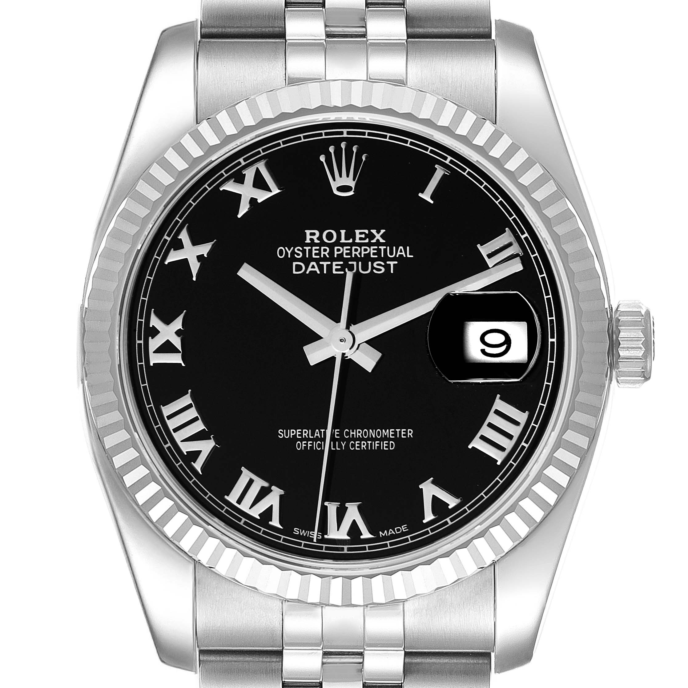 The Rolex Datejust 116234 Men
s Stainless Steel Black Dial 116234 Men
s Stainless Steel Black Dial watch is shown from a frontal angle, displaying its black dial, Roman numerals, and silver bracelet.