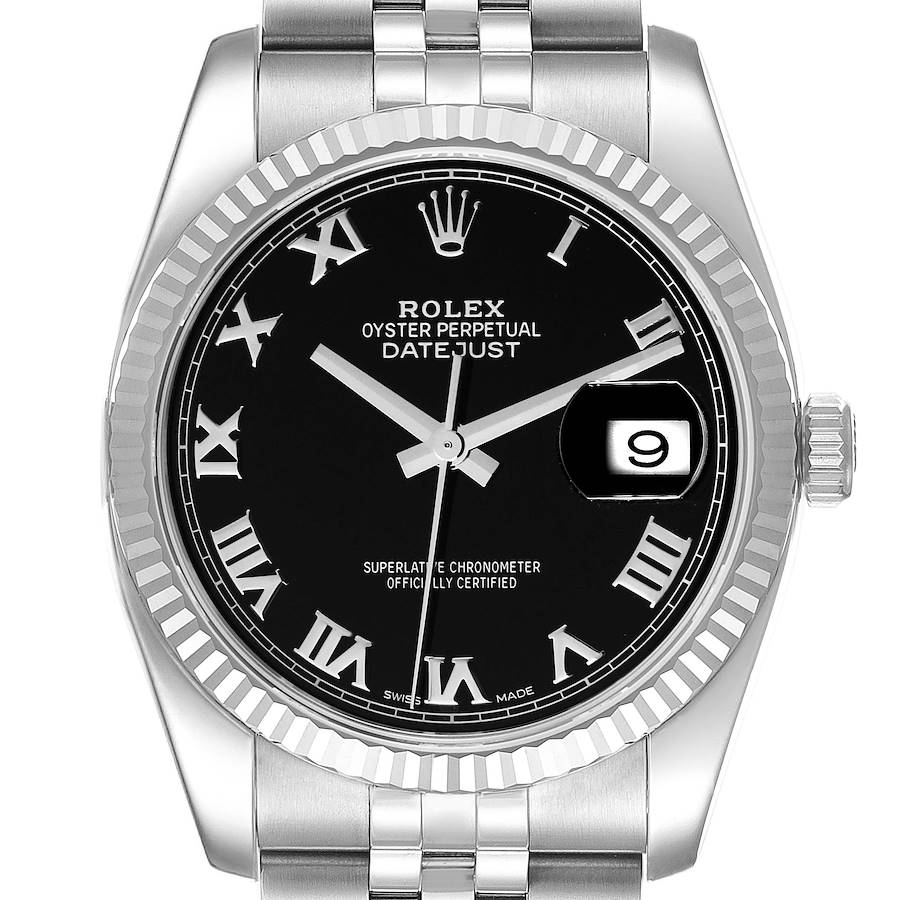 The Rolex Datejust watch is shown from a frontal angle, displaying its black dial, Roman numerals, and silver bracelet.