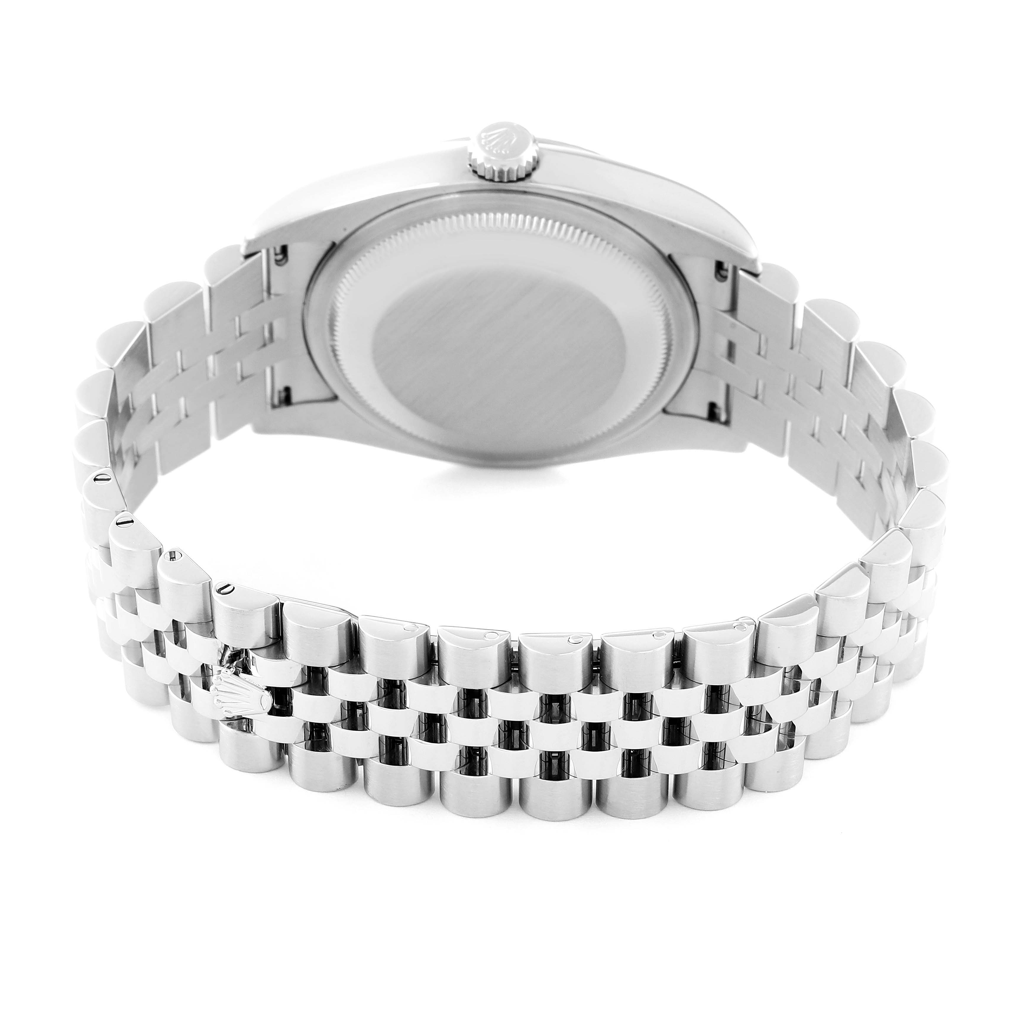 The image shows the back of a Rolex Datejust 116234 Men
s Stainless Steel Black Dial 116234 Men
s Stainless Steel Black Dial watch, highlighting its case back and Jubilee bracelet.