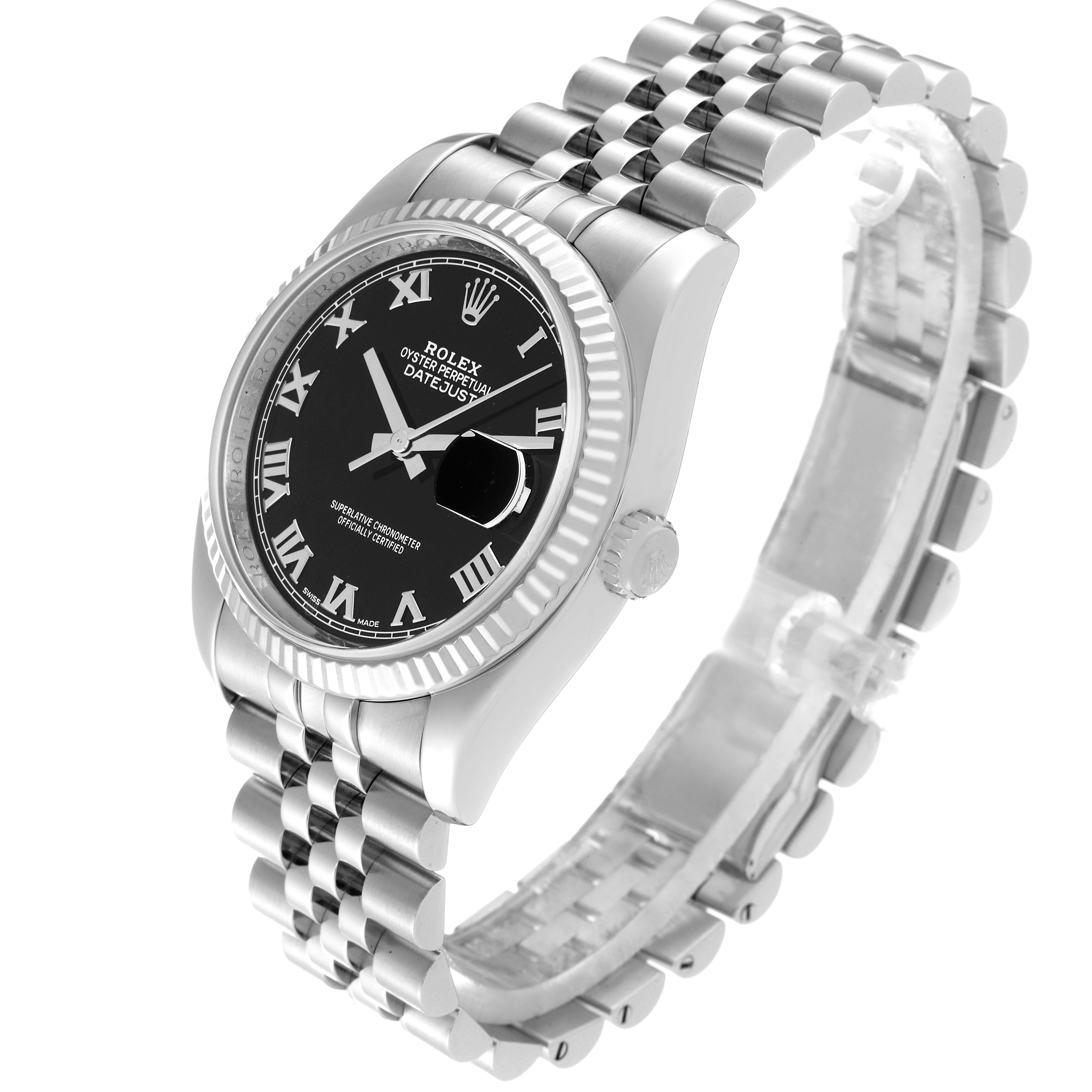 The Rolex Datejust 116234 Men
s Stainless Steel Black Dial 116234 Men
s Stainless Steel Black Dial watch is shown at a three-quarter angle, highlighting the dial, bezel, crown, and Jubilee bracelet.