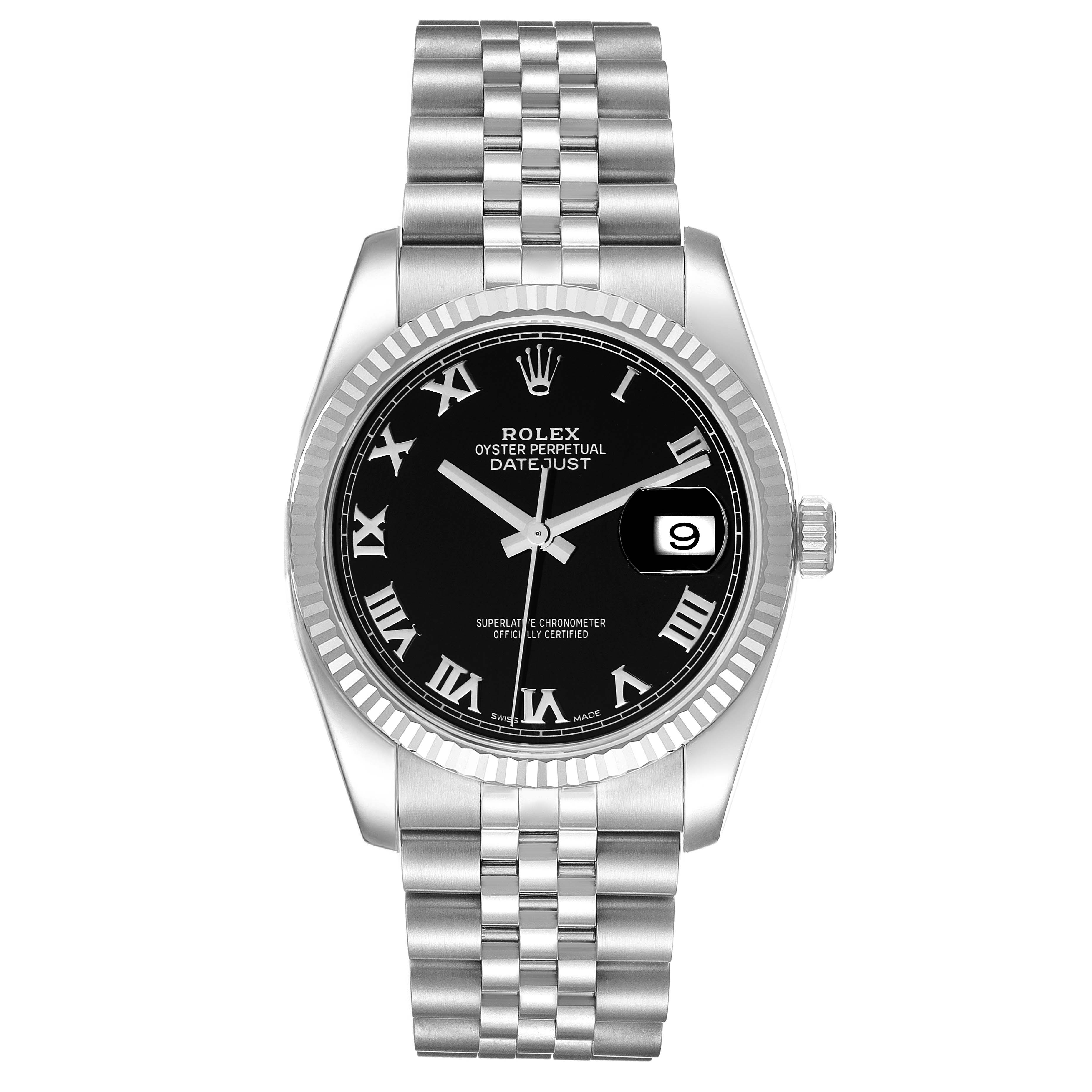 The Rolex Datejust 116234 Men
s Stainless Steel Black Dial 116234 Men
s Stainless Steel Black Dial watch is shown from the front, displaying its face, bezel, bracelet, and date window.