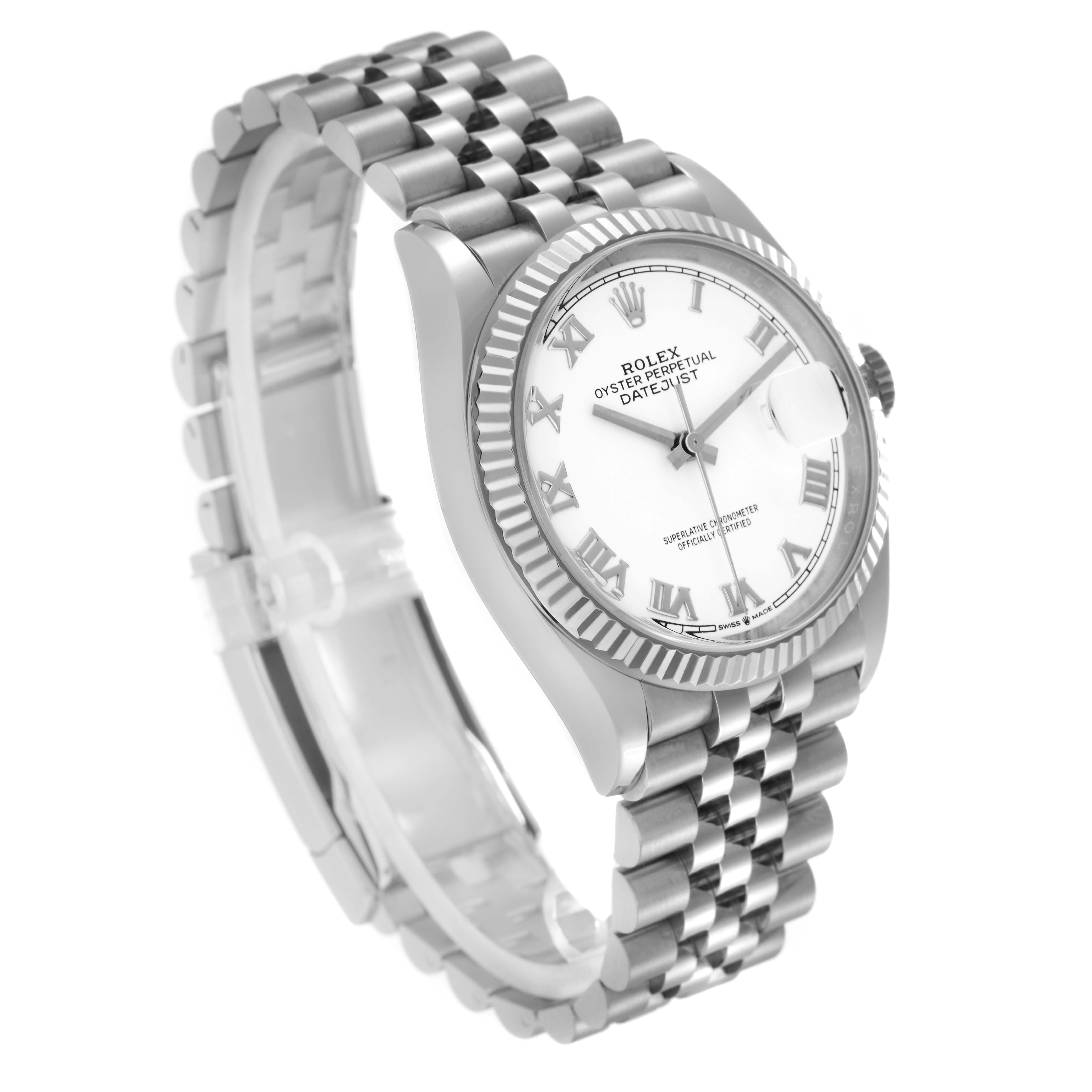 The Rolex Datejust 126234 Men's Stainless Steel White Dial 126234 Men's Stainless Steel White Dial watch is shown at an angled perspective, displaying the face, bezel, crown, and bracelet.
