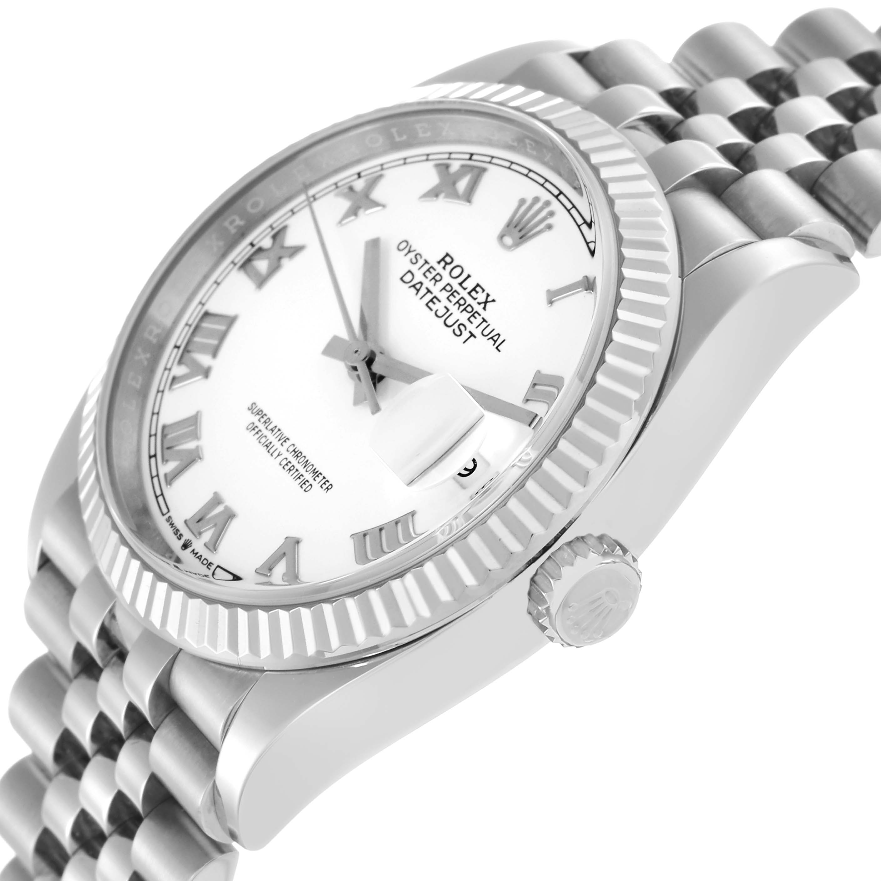 The Rolex Datejust 126234 Men's Stainless Steel White Dial 126234 Men's Stainless Steel White Dial watch is shown at a tilted angle, highlighting the bezel, crown, dial, and part of the bracelet.