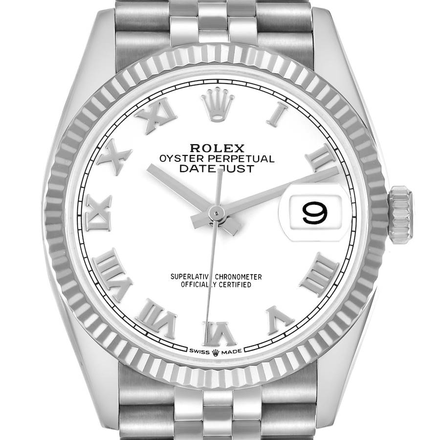 The Rolex Datejust watch is shown from a front angle, displaying its dial, bezel, crown, and bracelet.
