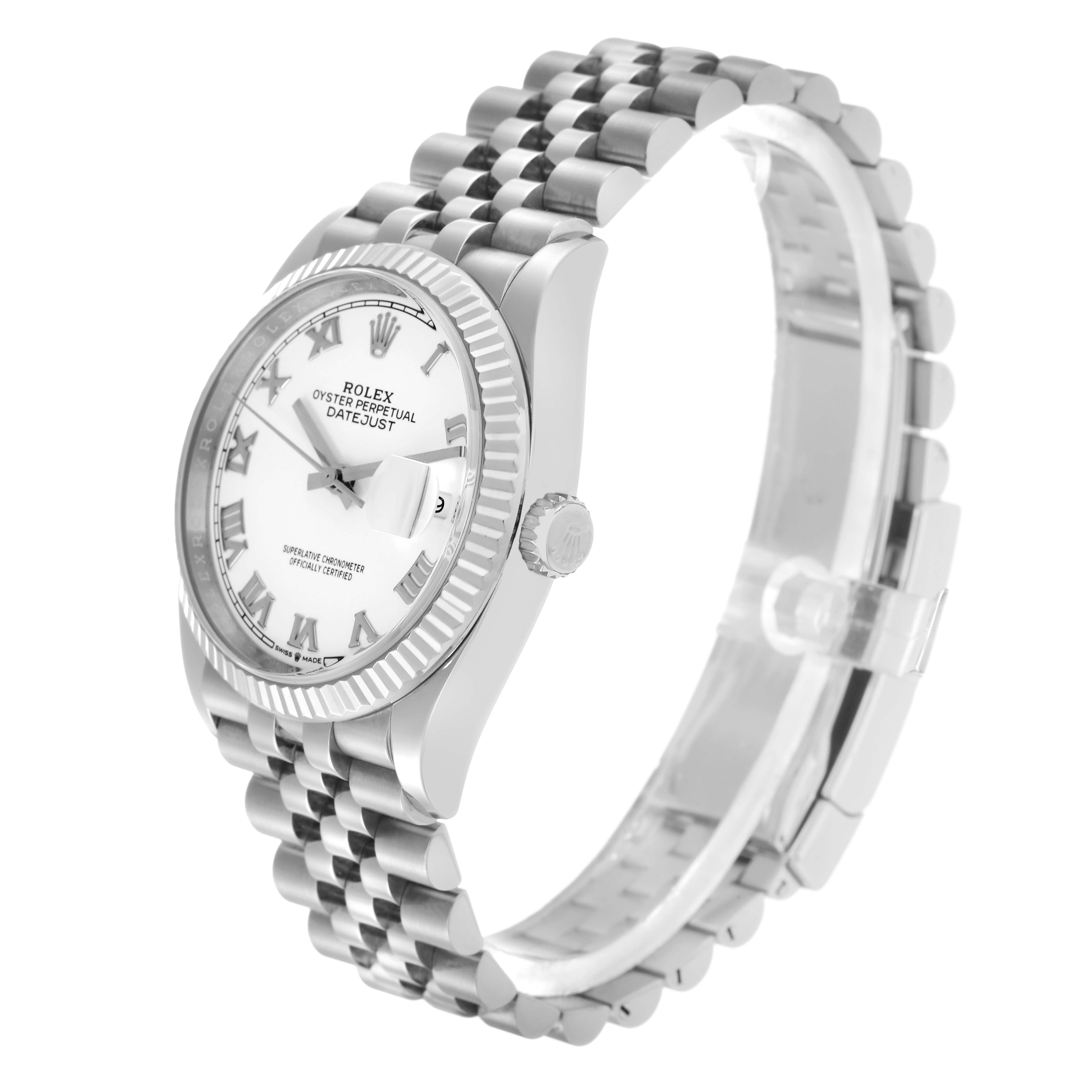 The Rolex Datejust 126234 Men's Stainless Steel White Dial 126234 Men's Stainless Steel White Dial watch is shown at a three-quarter angle, displaying the dial, fluted bezel, and jubilee bracelet.
