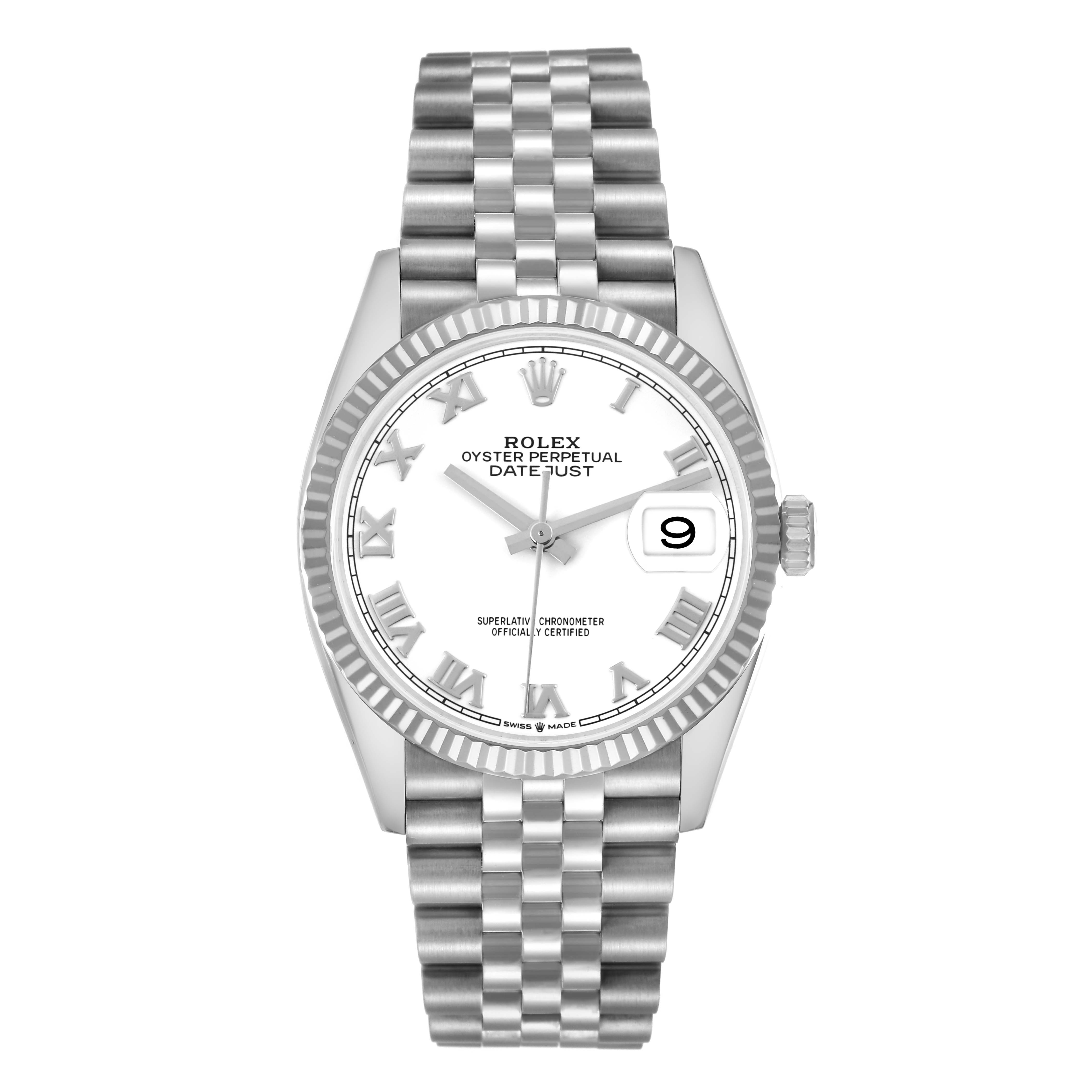 The Rolex Datejust 126234 Men's Stainless Steel White Dial 126234 Men's Stainless Steel White Dial watch is shown from a top-down angle, displaying the face, bezel, crown, and Jubilee bracelet.