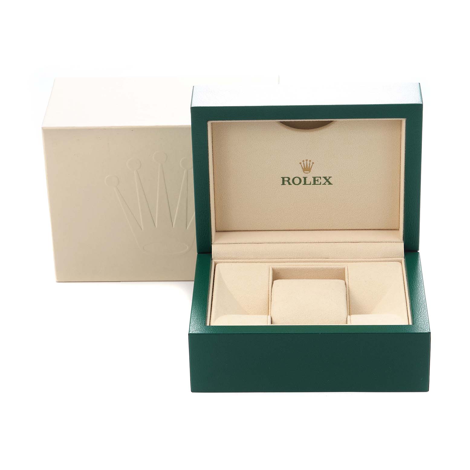 The image shows an open Rolex Datejust 126234 Men's Stainless Steel White Dial 126234 Men's Stainless Steel White Dial watch box with a green exterior and beige interior.