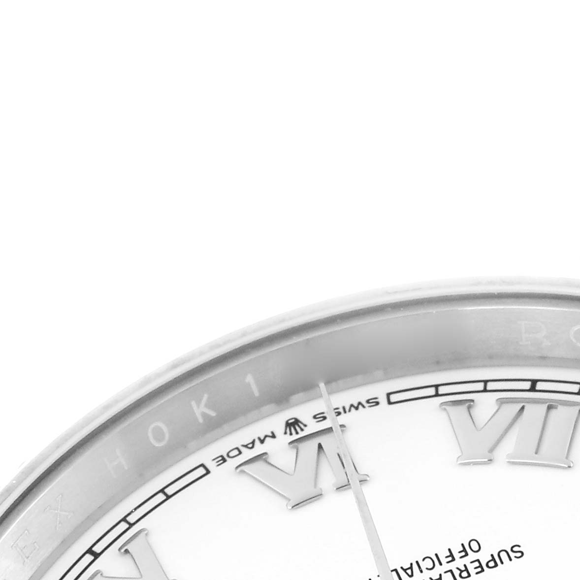 The image shows a close-up of the Rolex Datejust 126234 Men's Stainless Steel White Dial 126234 Men's Stainless Steel White Dial watch face, highlighting Roman numerals, part of the dial, and the bezel edge.