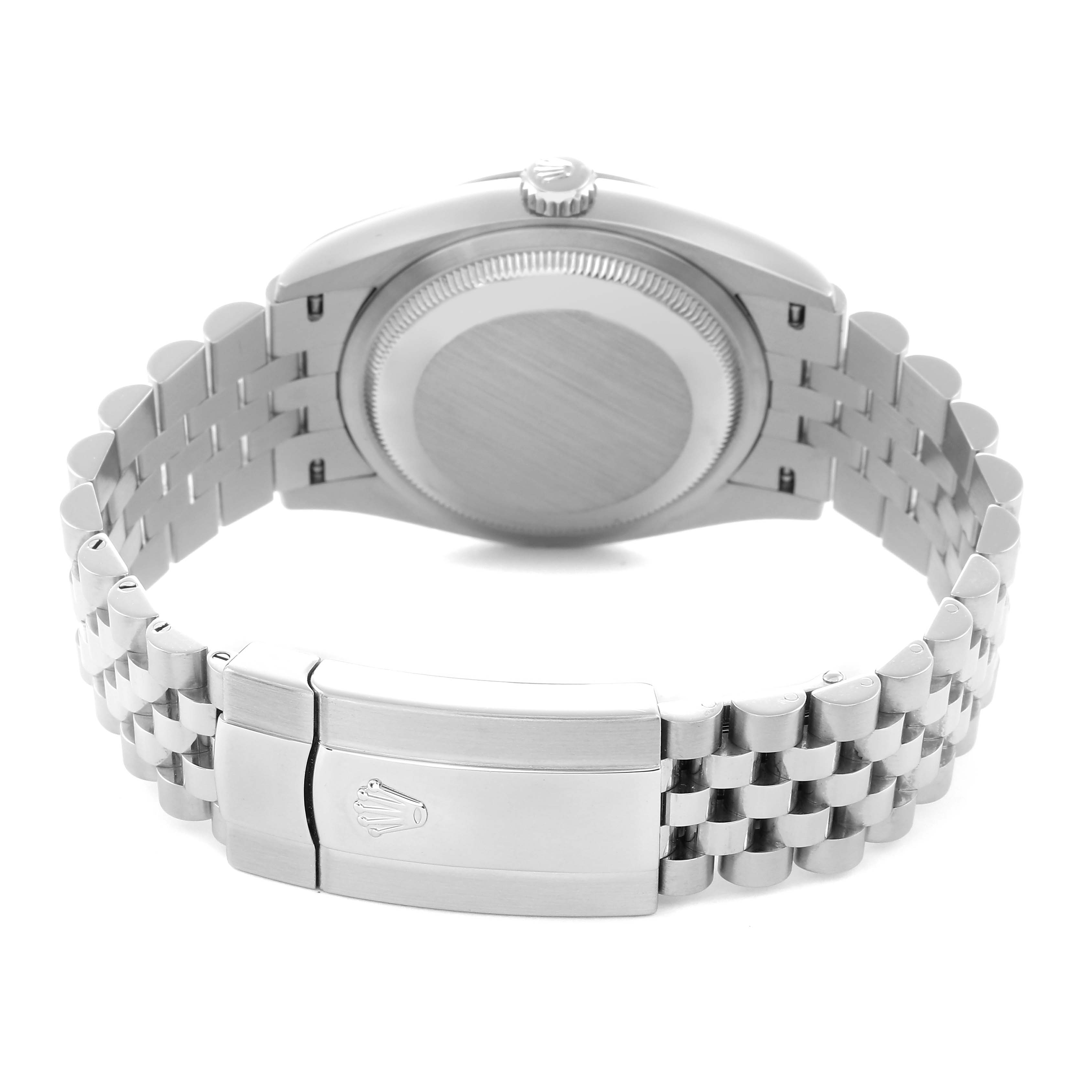 The image shows the back view of a Rolex Datejust 126234 Men's Stainless Steel White Dial 126234 Men's Stainless Steel White Dial watch, highlighting the case, bracelet, and clasp.