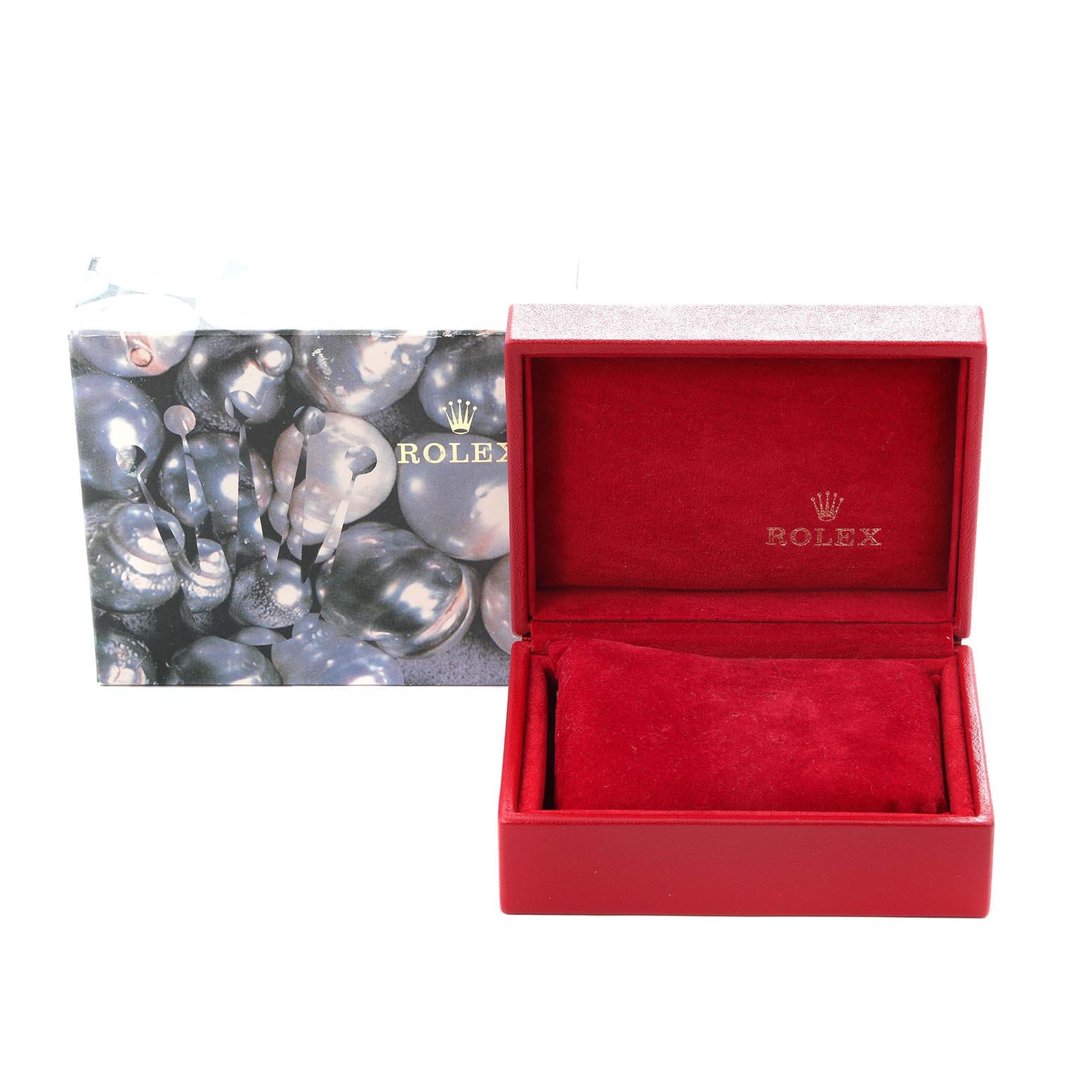 The image shows a Rolex Datejust 69174 Women
s Stainless Steel Silver Dial 69174 Women
s Stainless Steel Silver Dial watch box, open, with a red interior and decorative outer packaging.