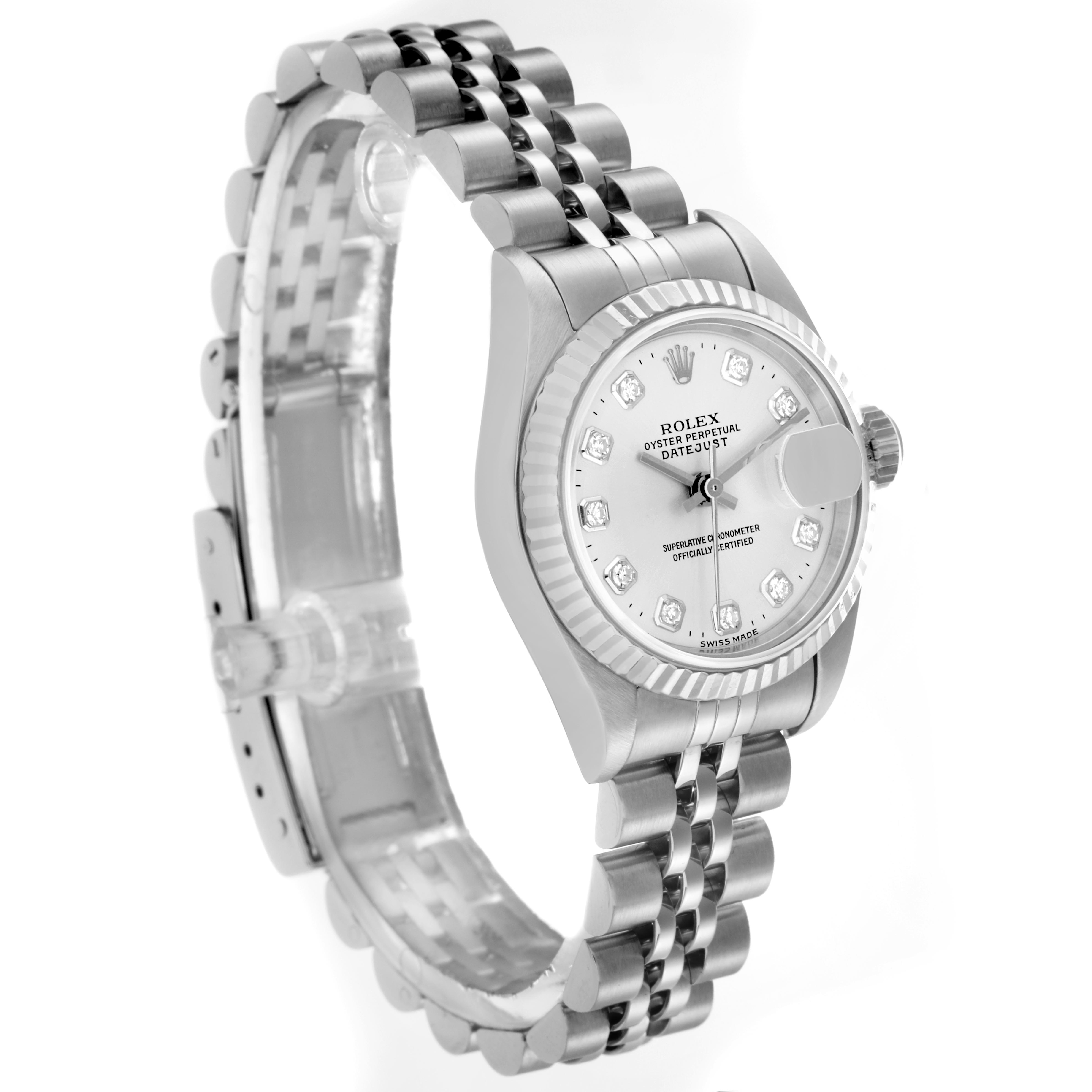 The Rolex Datejust 69174 Women
s Stainless Steel Silver Dial 69174 Women
s Stainless Steel Silver Dial watch is shown at a side angle, highlighting the bracelet, bezel, and dial with diamond hour markers.