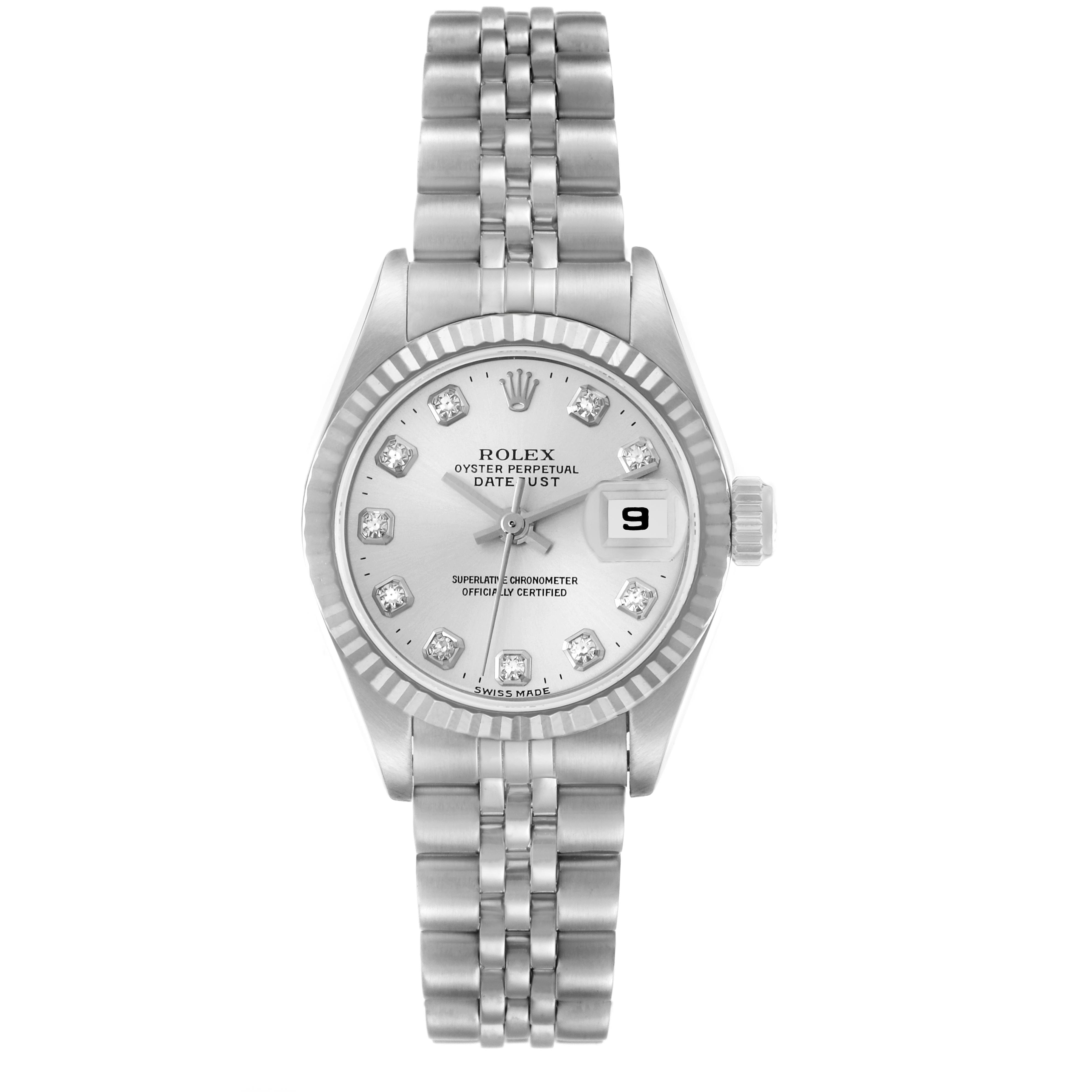 The Rolex Datejust 69174 Women
s Stainless Steel Silver Dial 69174 Women
s Stainless Steel Silver Dial watch is shown from a top-down angle, displaying its face, bezel, and full bracelet.