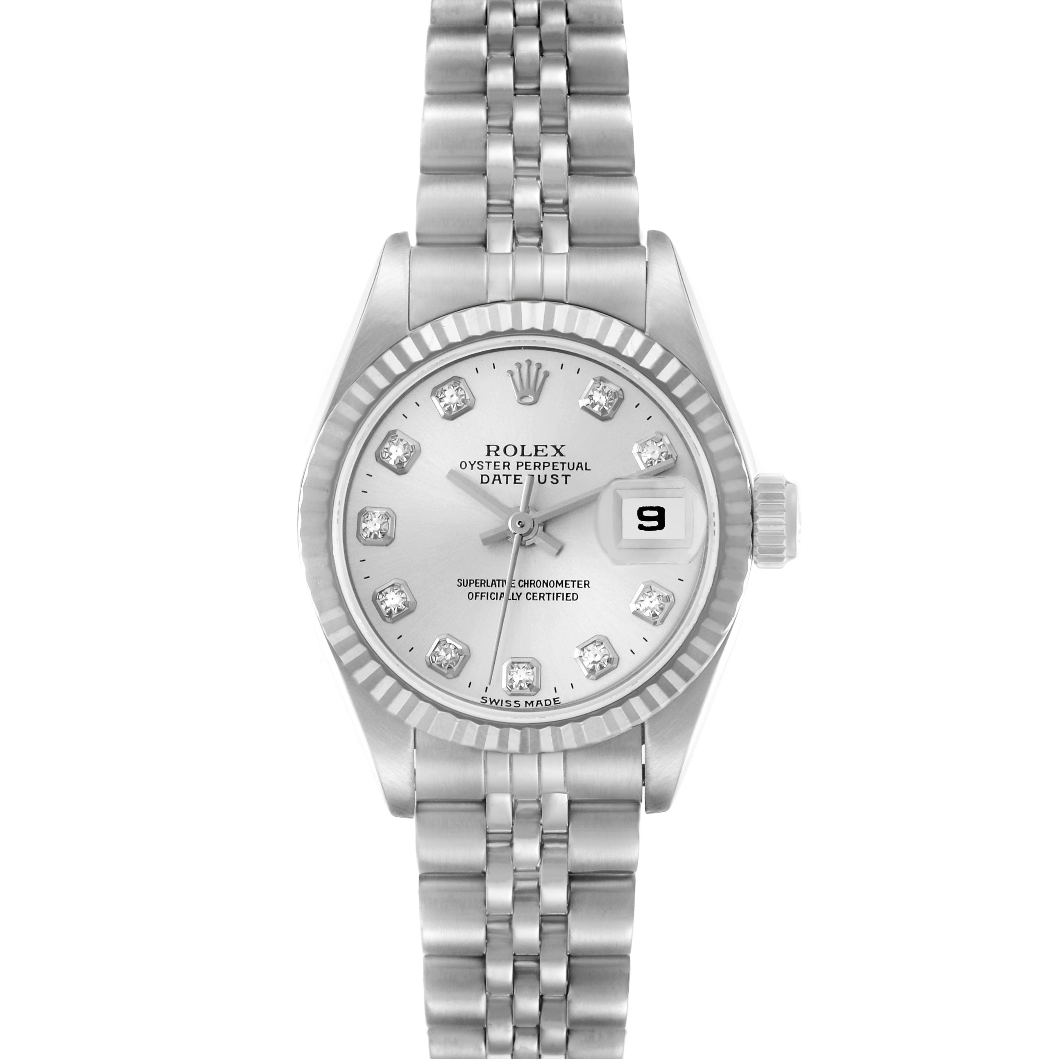 The Rolex Datejust 69174 Women
s Stainless Steel Silver Dial 69174 Women
s Stainless Steel Silver Dial watch is shown from a top-down angle, highlighting the bezel, dial, bracelet, and date feature.