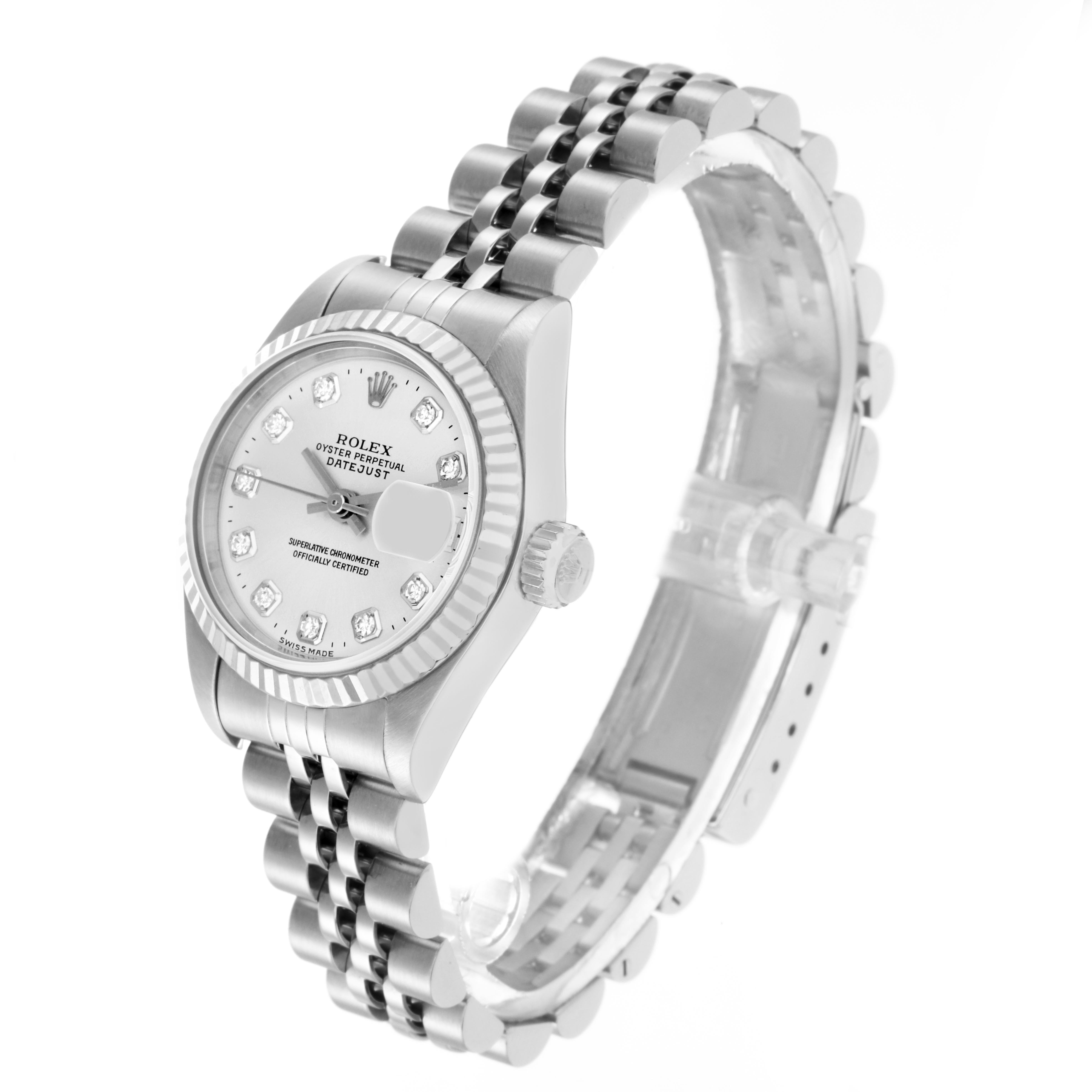 The Rolex Datejust 69174 Women
s Stainless Steel Silver Dial 69174 Women
s Stainless Steel Silver Dial watch is shown at a three-quarter angle, displaying the dial, bezel, crown, and bracelet clearly.
