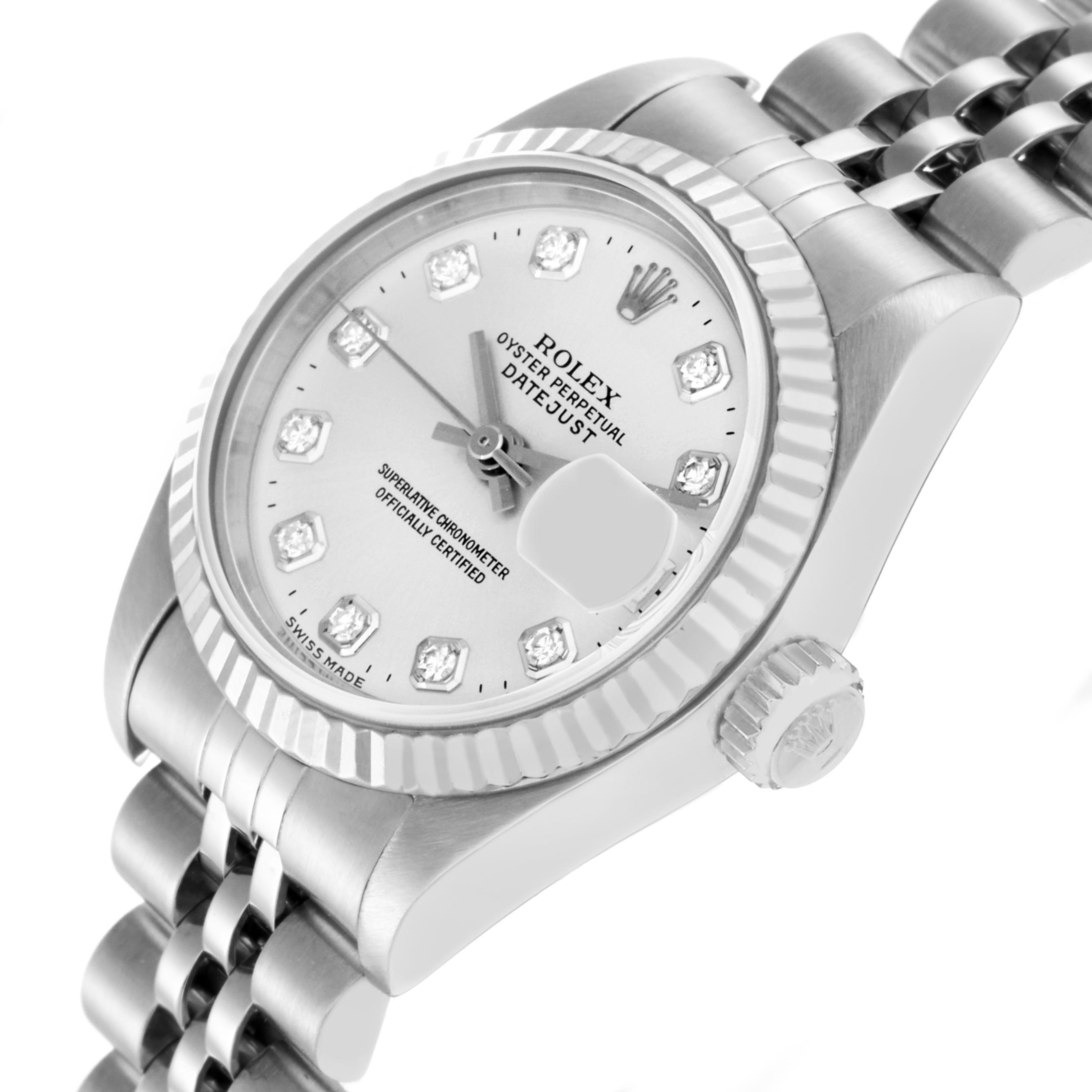 The Rolex Datejust 69174 Women
s Stainless Steel Silver Dial 69174 Women
s Stainless Steel Silver Dial watch is shown at a slight angle, highlighting the dial, bezel, crown, and part of the bracelet.