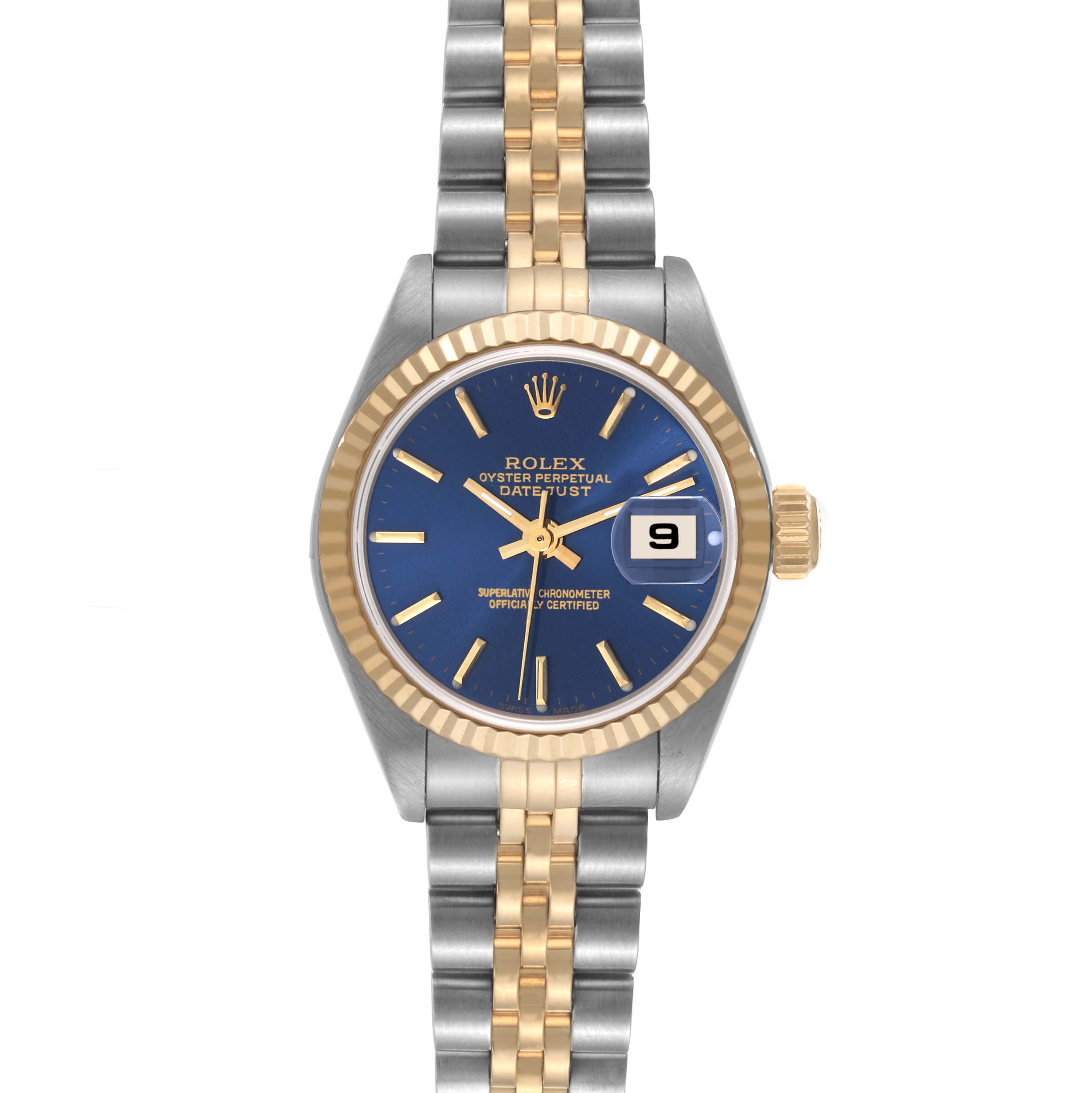 The image shows a front view of a Rolex Datejust 79173 Women's Steel and Gold (two tone) Blue Dial 79173 Women's Steel and Gold (two tone) Blue Dial watch with a blue dial and a two-tone metal bracelet.
