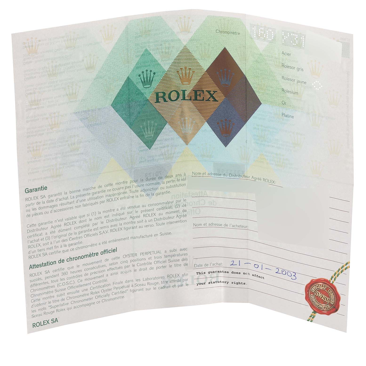 The image shows a warranty and chronometer certificate for a Rolex Datejust 79173 Women's Steel and Gold (two tone) Blue Dial 79173 Women's Steel and Gold (two tone) Blue Dial watch.