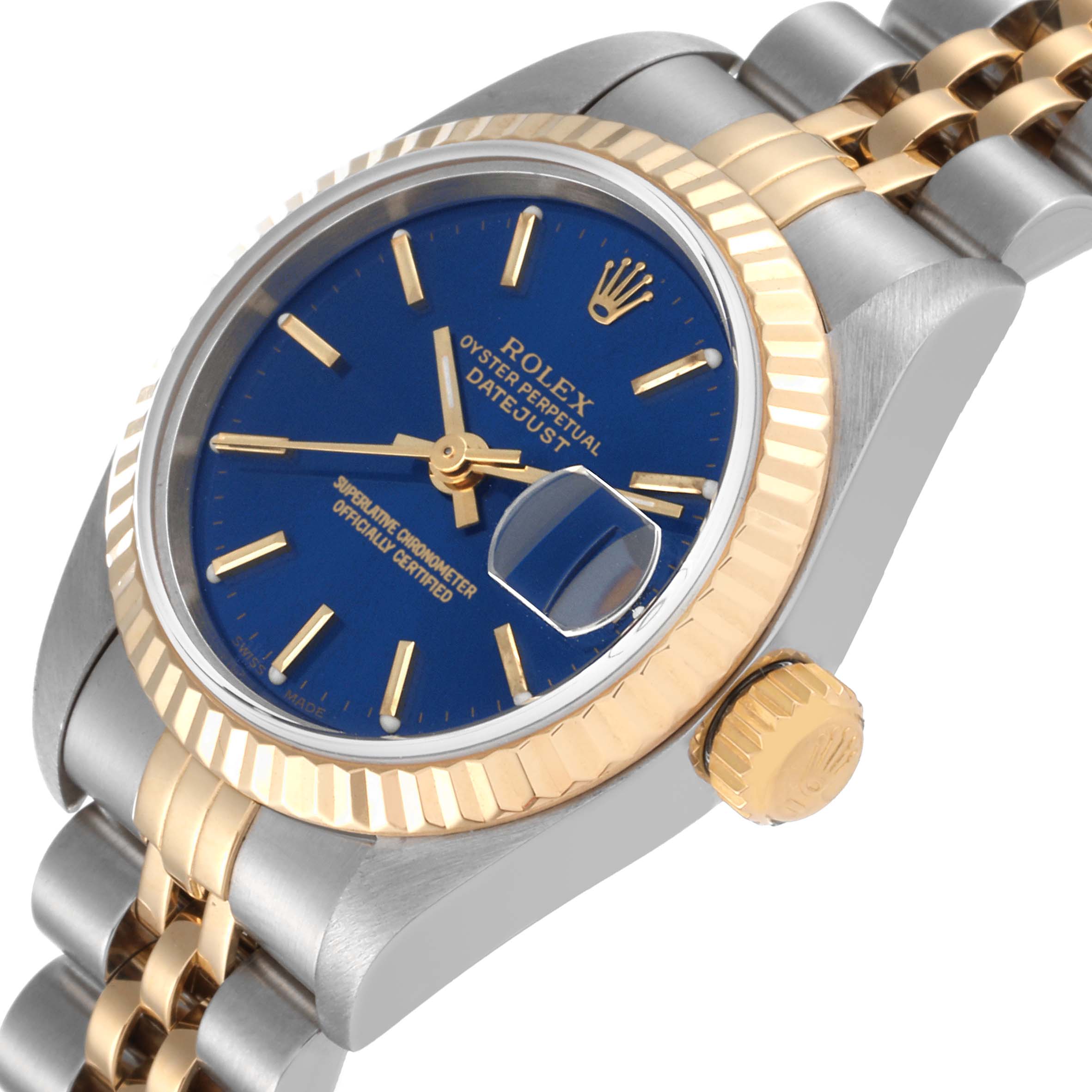 The close-up image shows the Rolex Datejust 79173 Women's Steel and Gold (two tone) Blue Dial 79173 Women's Steel and Gold (two tone) Blue Dial watch's dial, bezel, crown, and part of the bracelet at an angled view.