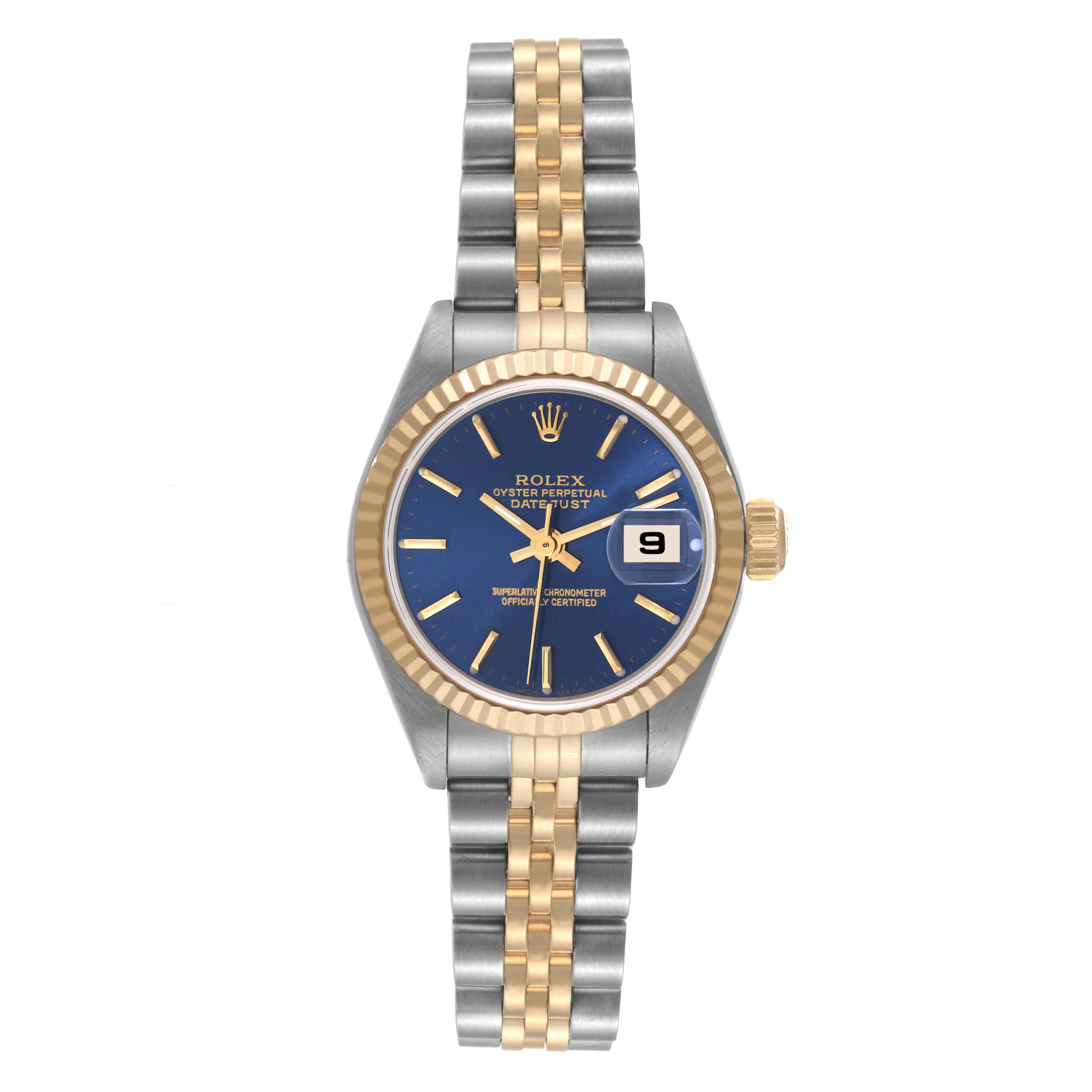 This image shows a Rolex Datejust 79173 Women's Steel and Gold (two tone) Blue Dial 79173 Women's Steel and Gold (two tone) Blue Dial watch photographed from the front, displaying the face, bezel, and bracelet.