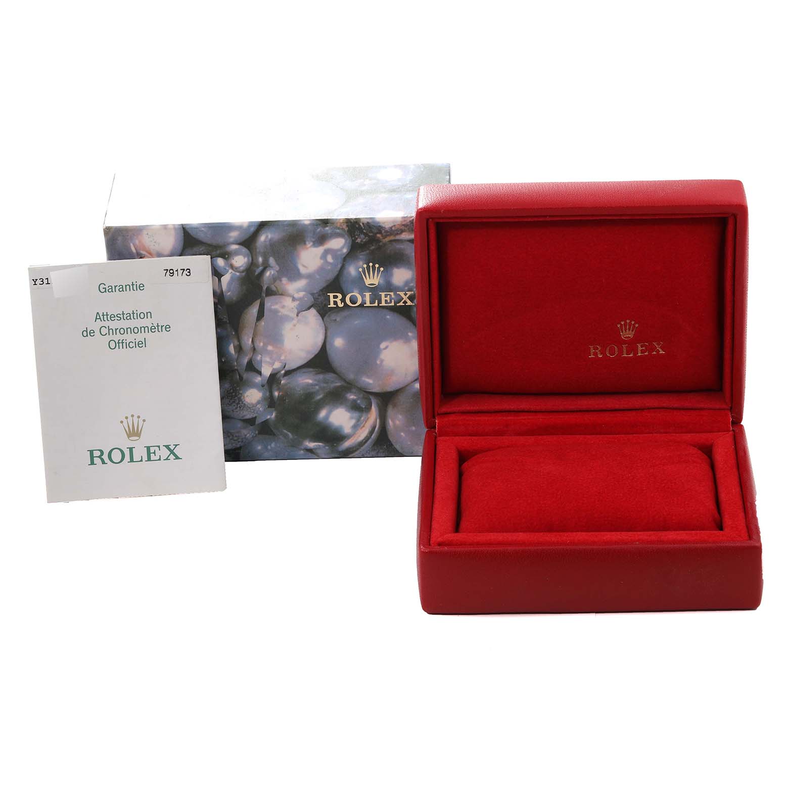 The image shows a Rolex Datejust 79173 Women's Steel and Gold (two tone) Blue Dial 79173 Women's Steel and Gold (two tone) Blue Dial model packaging set, including a red watch box, an outer box, and warranty documents.
