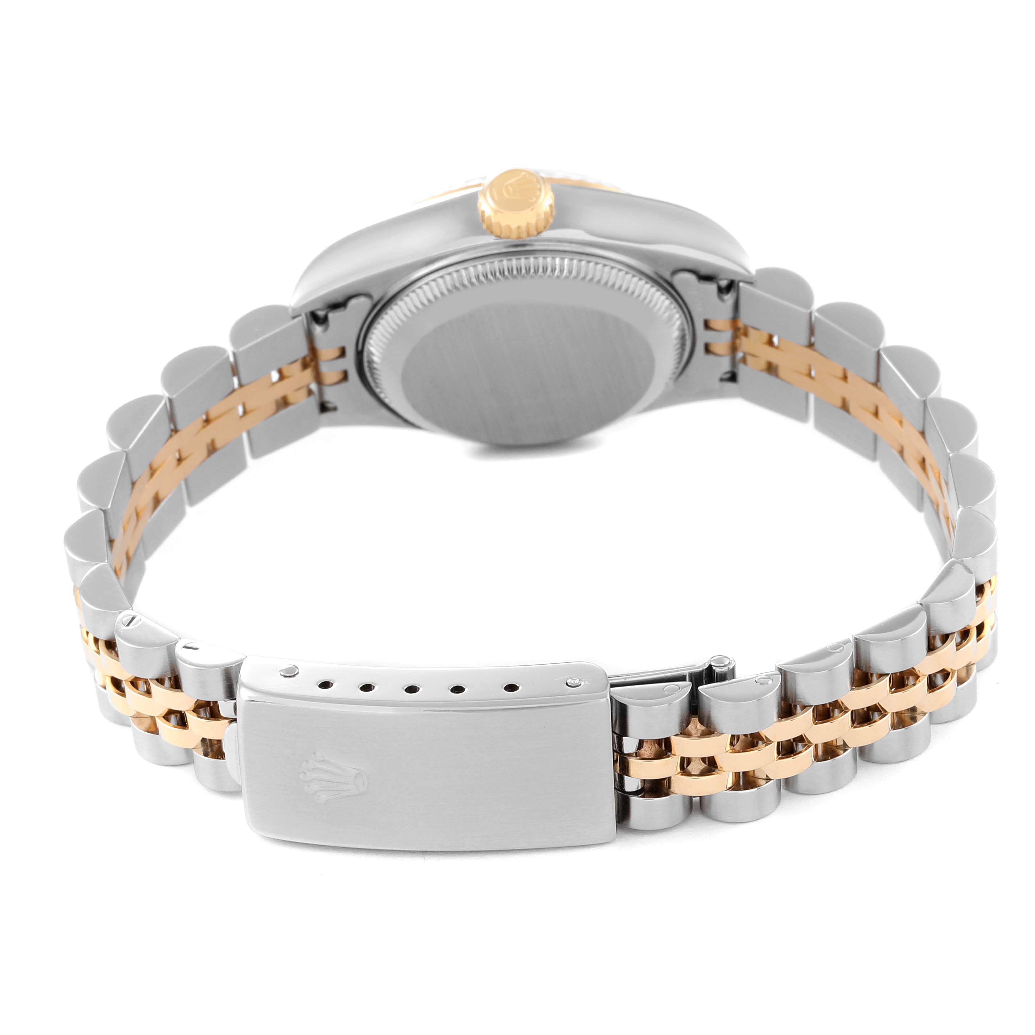 The image shows the back of a Rolex Datejust 79173 Women's Steel and Gold (two tone) Blue Dial 79173 Women's Steel and Gold (two tone) Blue Dial watch, highlighting the bracelet and clasp in a two-tone metal finish.