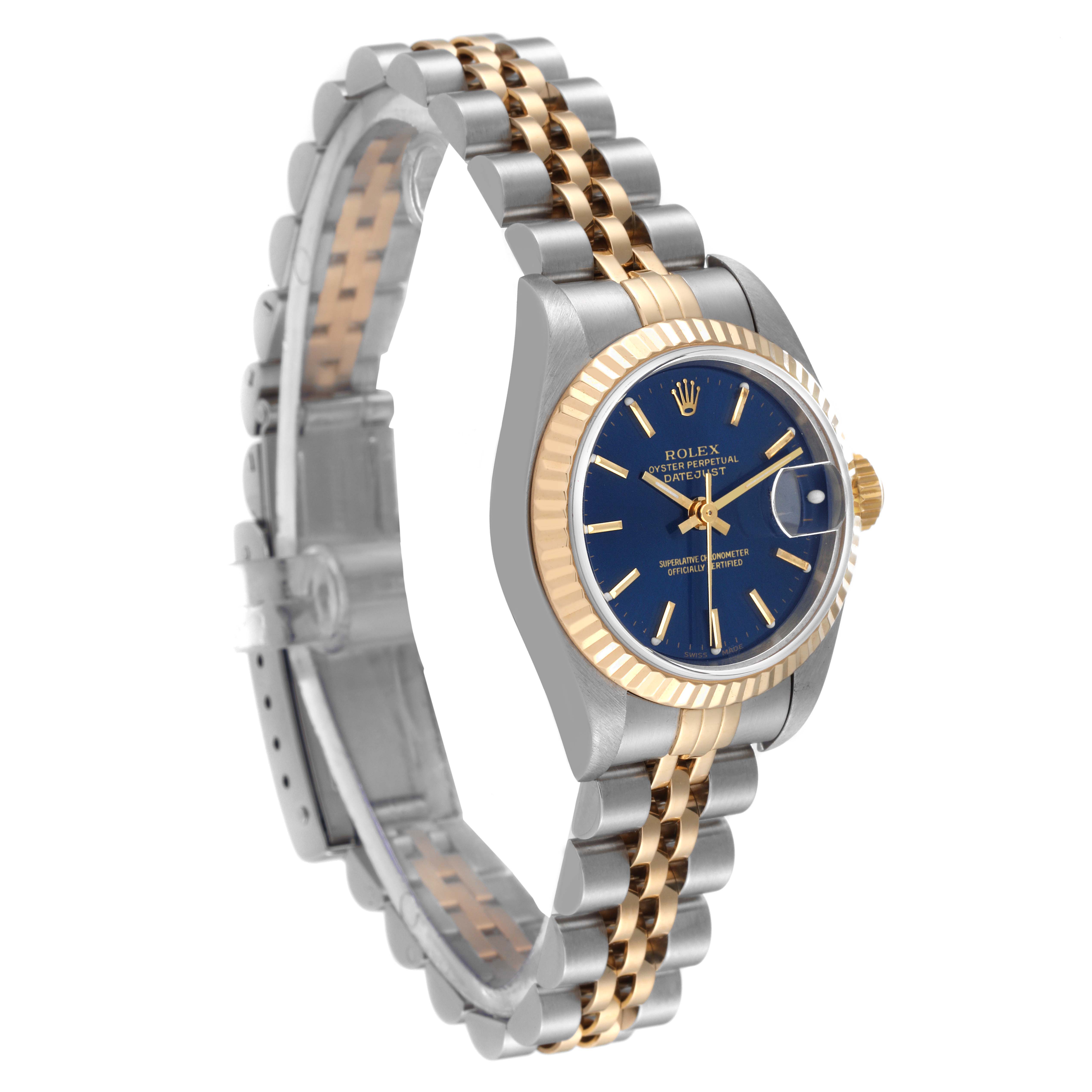 This Rolex Datejust 79173 Women's Steel and Gold (two tone) Blue Dial 79173 Women's Steel and Gold (two tone) Blue Dial watch is shown at a slight angle, displaying the face, bezel, and two-tone bracelet.