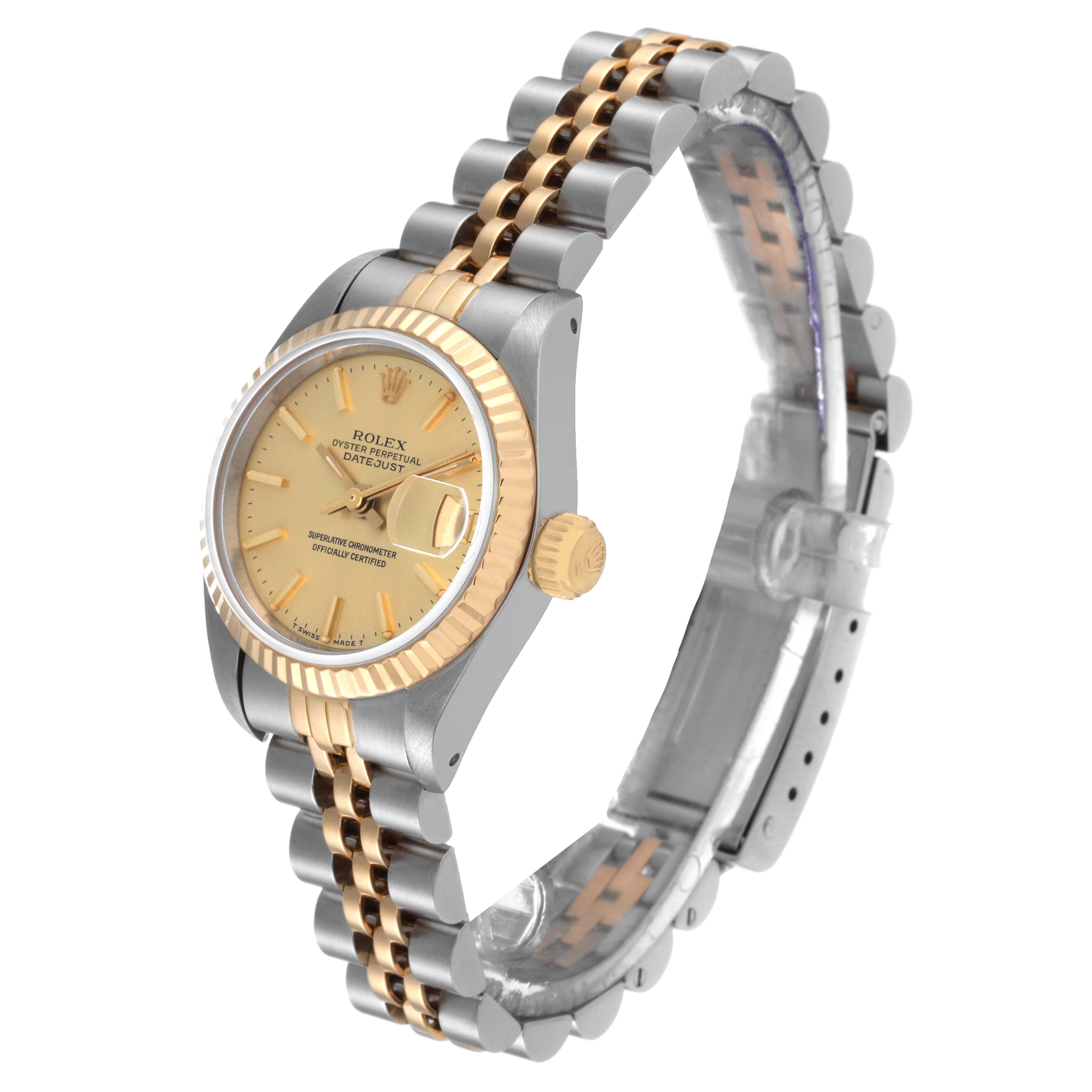 This image shows a Rolex Datejust 69173 Women's Steel and Gold (two tone) Champagne Dial 69173 Women's Steel and Gold (two tone) Champagne Dial watch from an angled side view, highlighting the face, bezel, and bracelet.