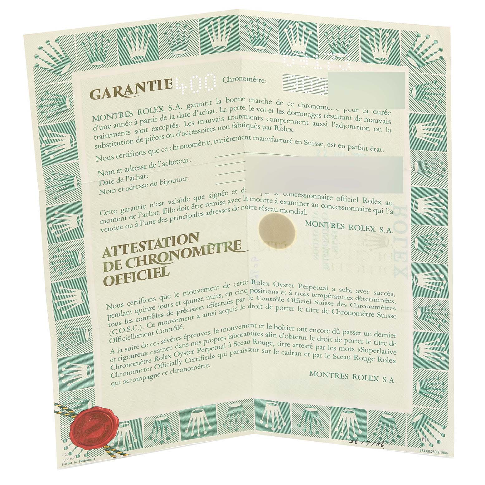 This is a guarantee certificate and chronometer certification document for the Rolex Datejust 69173 Women's Steel and Gold (two tone) Champagne Dial 69173 Women's Steel and Gold (two tone) Champagne Dial model.