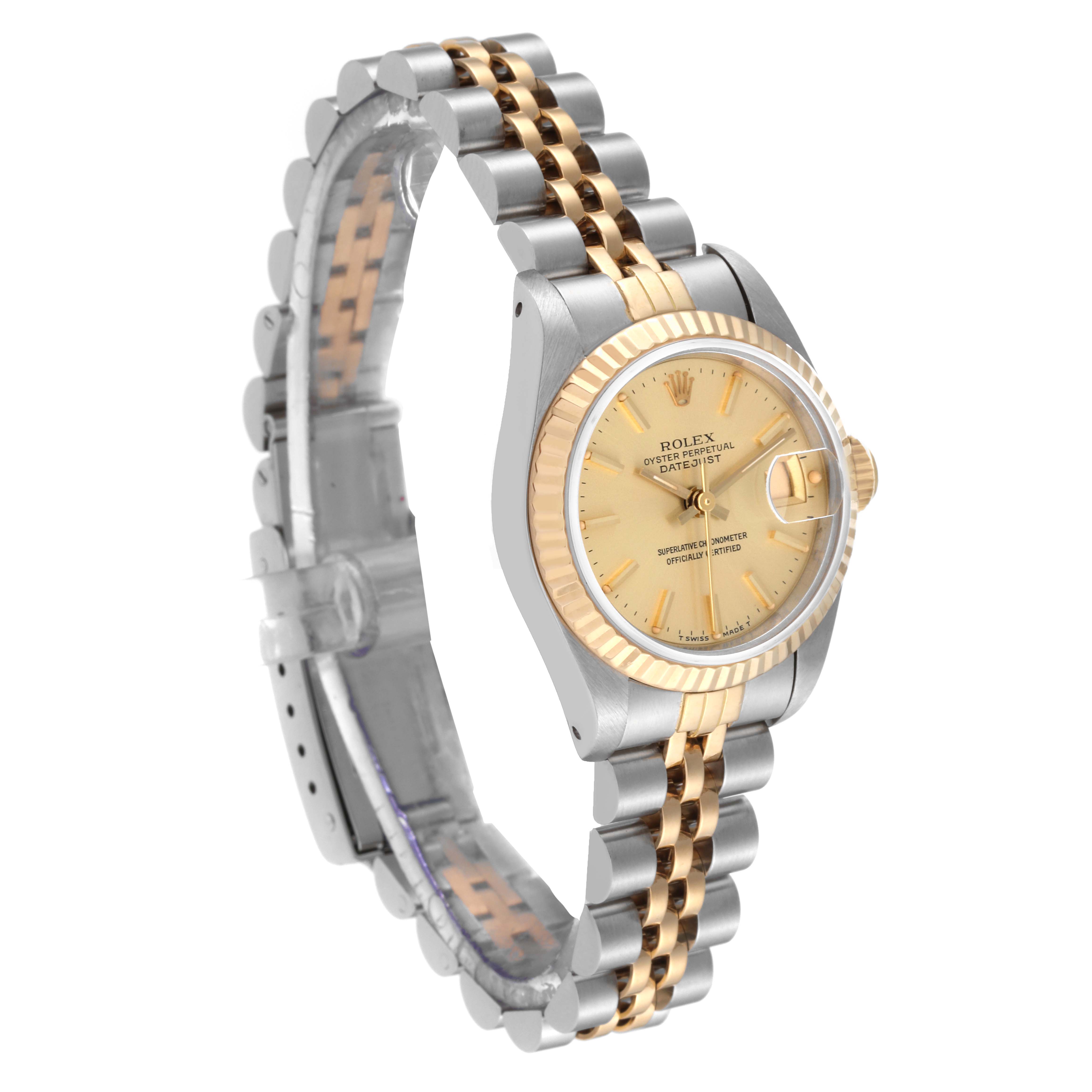 The image shows a side view of a Rolex Datejust 69173 Women's Steel and Gold (two tone) Champagne Dial 69173 Women's Steel and Gold (two tone) Champagne Dial watch, highlighting the gold and stainless steel bracelet and champagne dial.