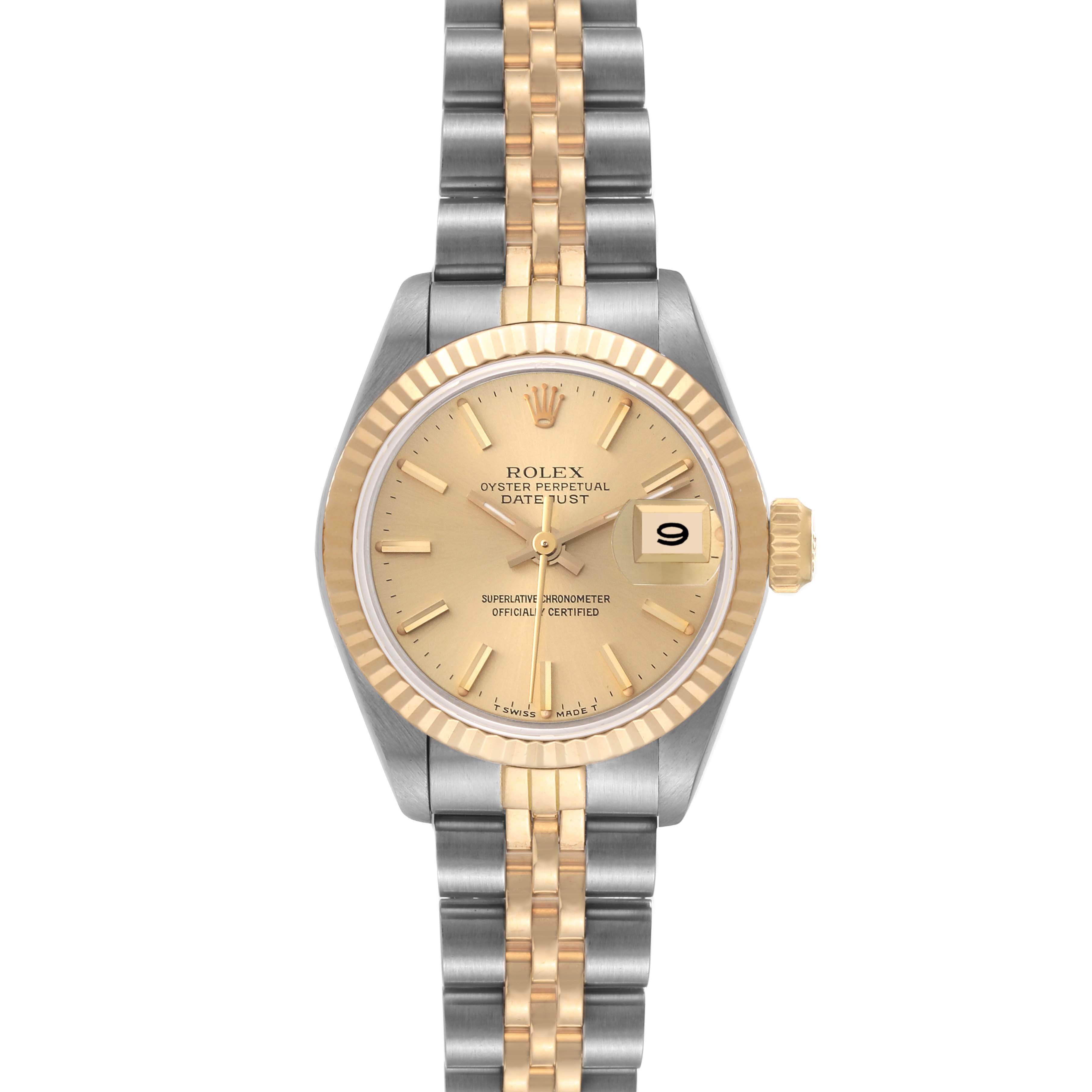 This image shows a front view of a Rolex Datejust 69173 Women's Steel and Gold (two tone) Champagne Dial 69173 Women's Steel and Gold (two tone) Champagne Dial watch, featuring the dial, bezel, and bracelet.