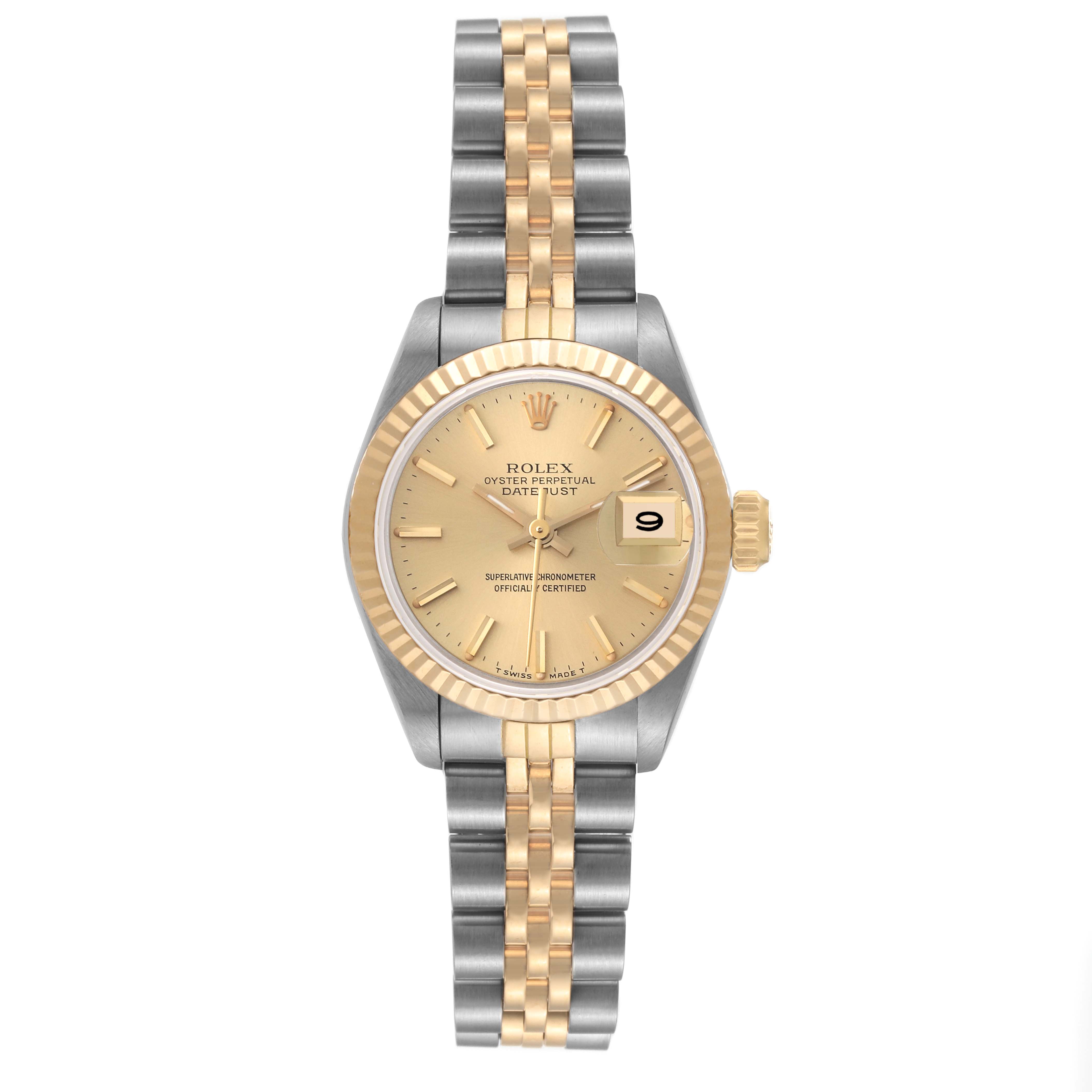 The Rolex Datejust 69173 Women's Steel and Gold (two tone) Champagne Dial 69173 Women's Steel and Gold (two tone) Champagne Dial watch is shown from a top-down angle, showcasing its face, bezel, crown, and two-tone bracelet.
