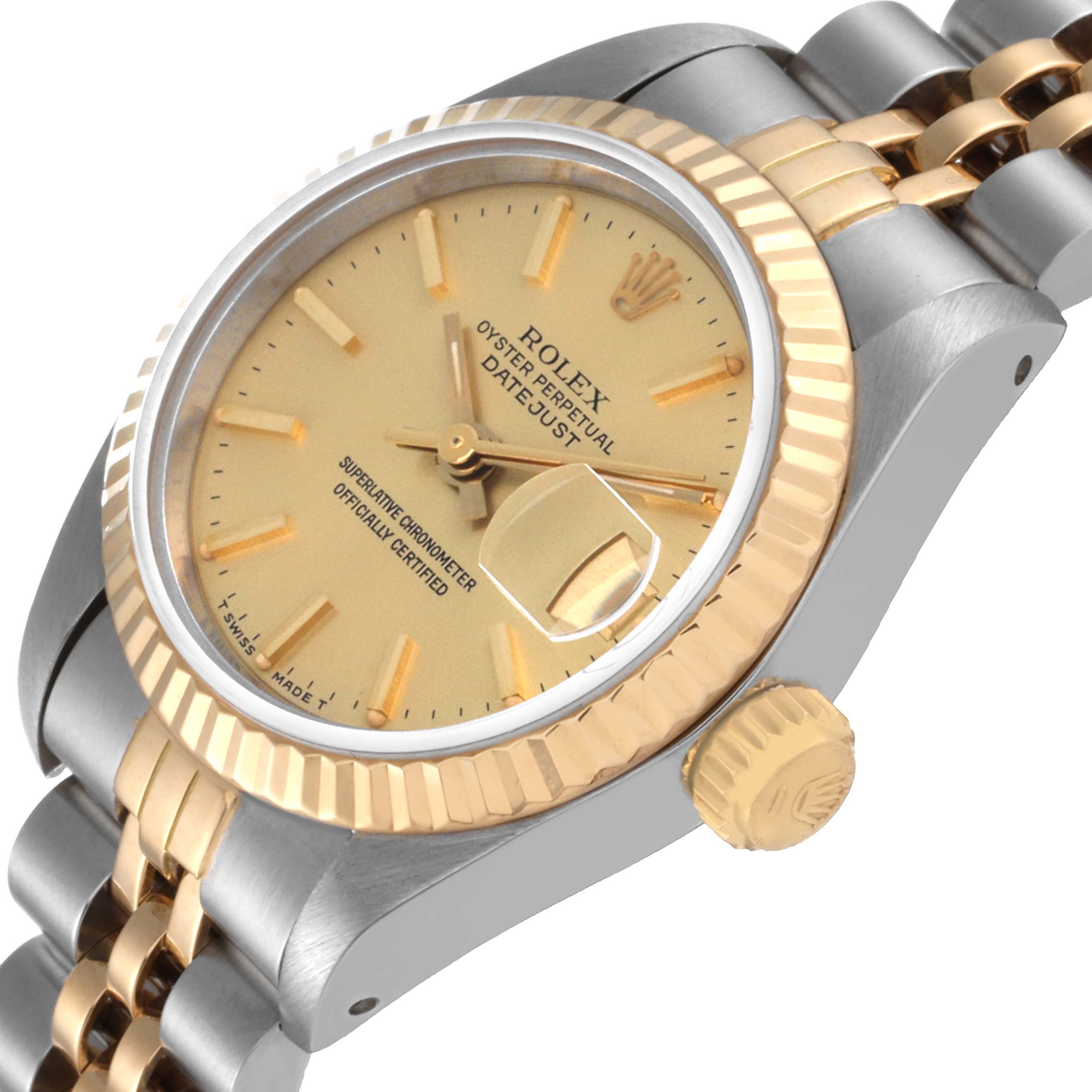 The image shows the face, bezel, and partial bracelet of a Rolex Datejust 69173 Women's Steel and Gold (two tone) Champagne Dial 69173 Women's Steel and Gold (two tone) Champagne Dial watch at an angled view.