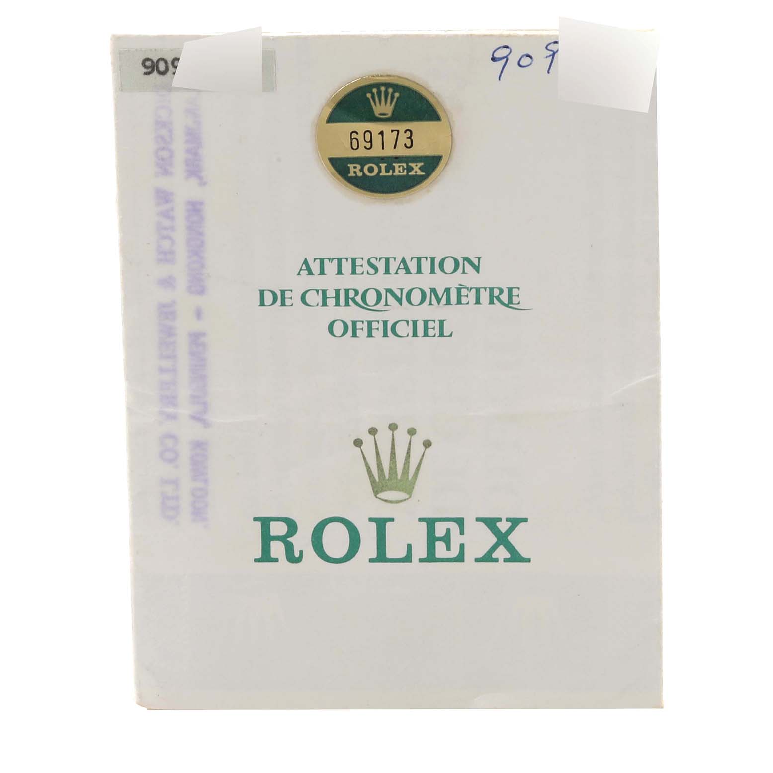 This image shows an official chronometer certificate for the Rolex Datejust 69173 Women's Steel and Gold (two tone) Champagne Dial 69173 Women's Steel and Gold (two tone) Champagne Dial model 69173.