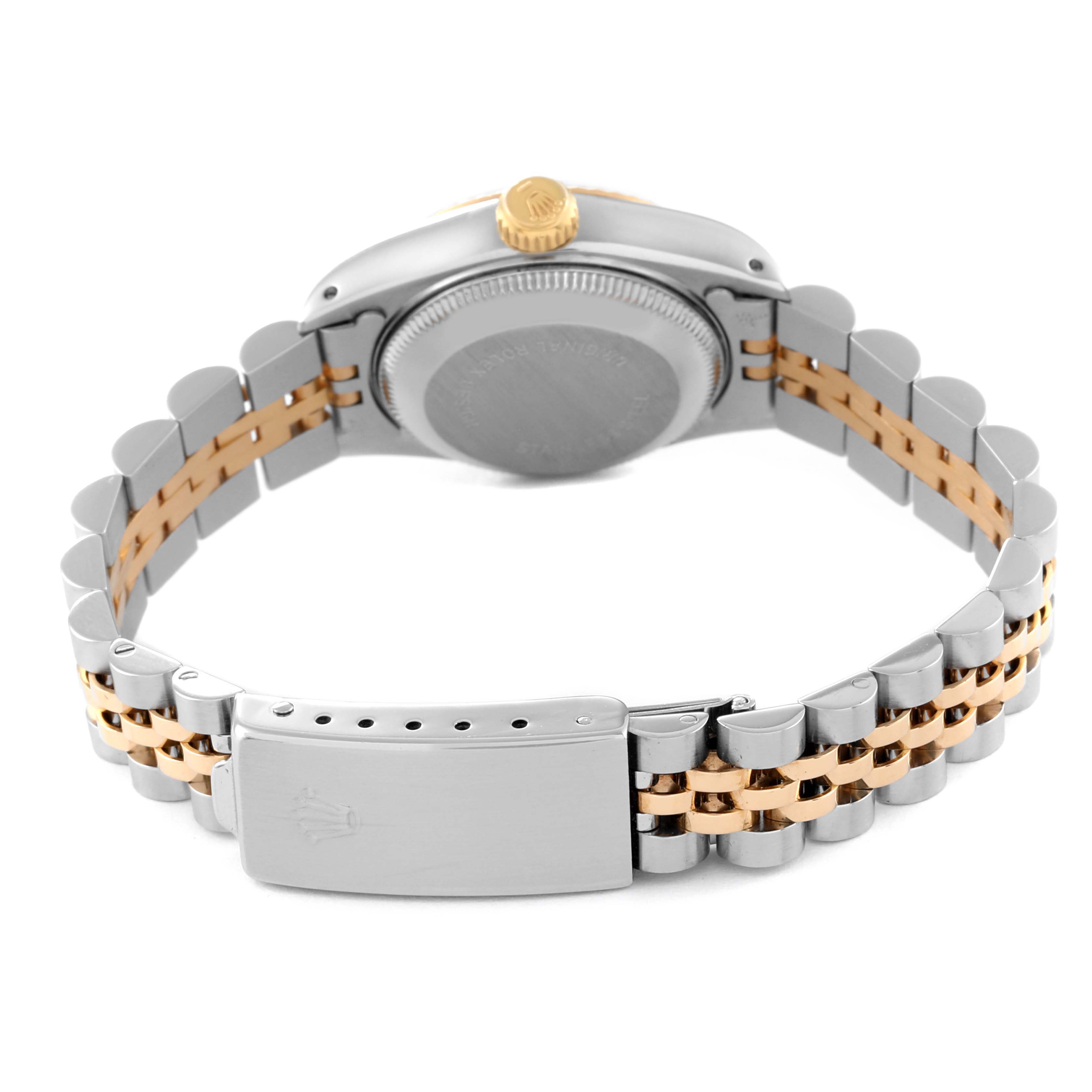 The image shows the back view of a Rolex Datejust 69173 Women's Steel and Gold (two tone) Champagne Dial 69173 Women's Steel and Gold (two tone) Champagne Dial watch, displaying its case, crown, and two-tone bracelet.