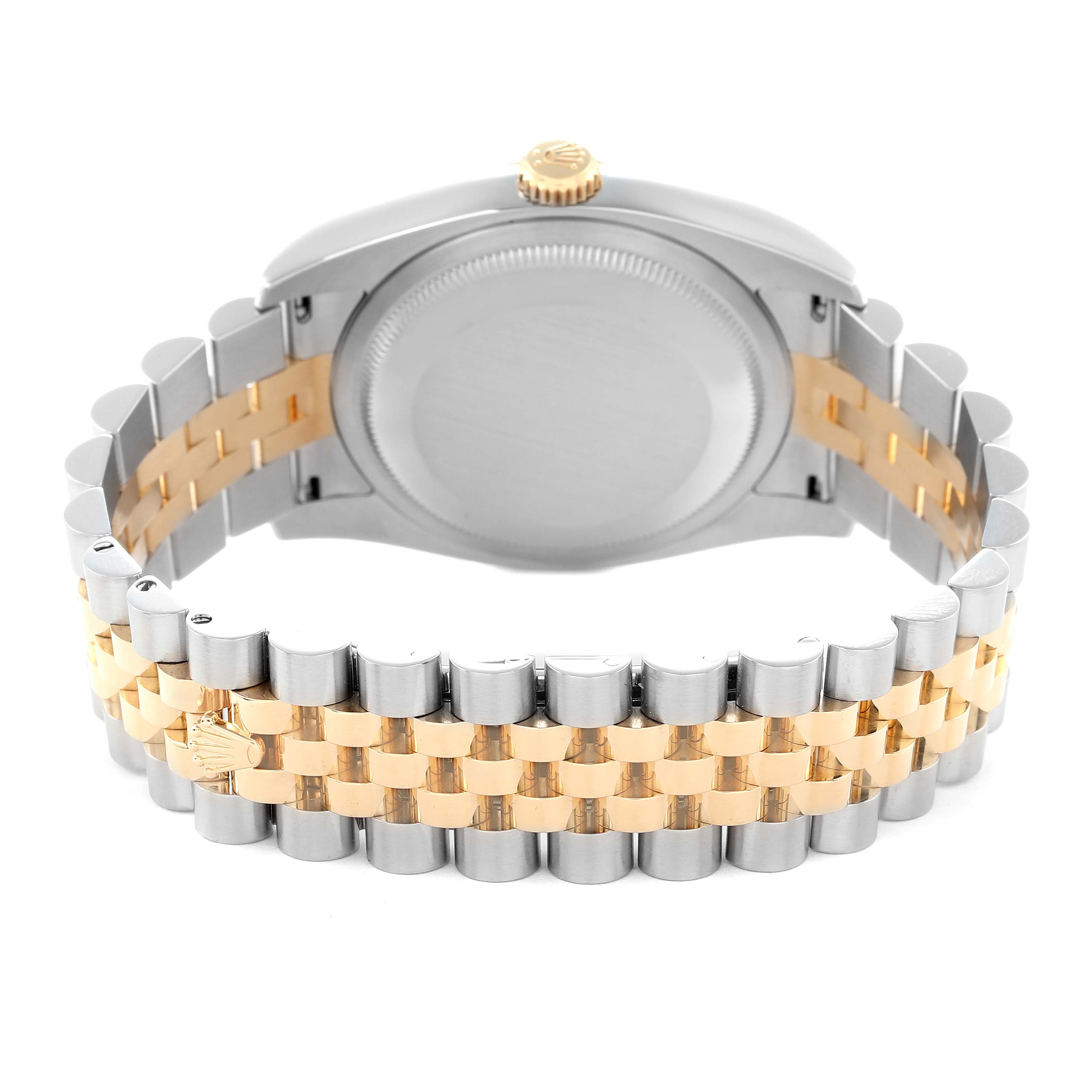 The image shows a Rolex Datejust 116233 Men
s Steel and Gold (two tone) Champagne Dial 116233 Men
s Steel and Gold (two tone) Champagne Dial watch from the back, highlighting the bracelet and case.