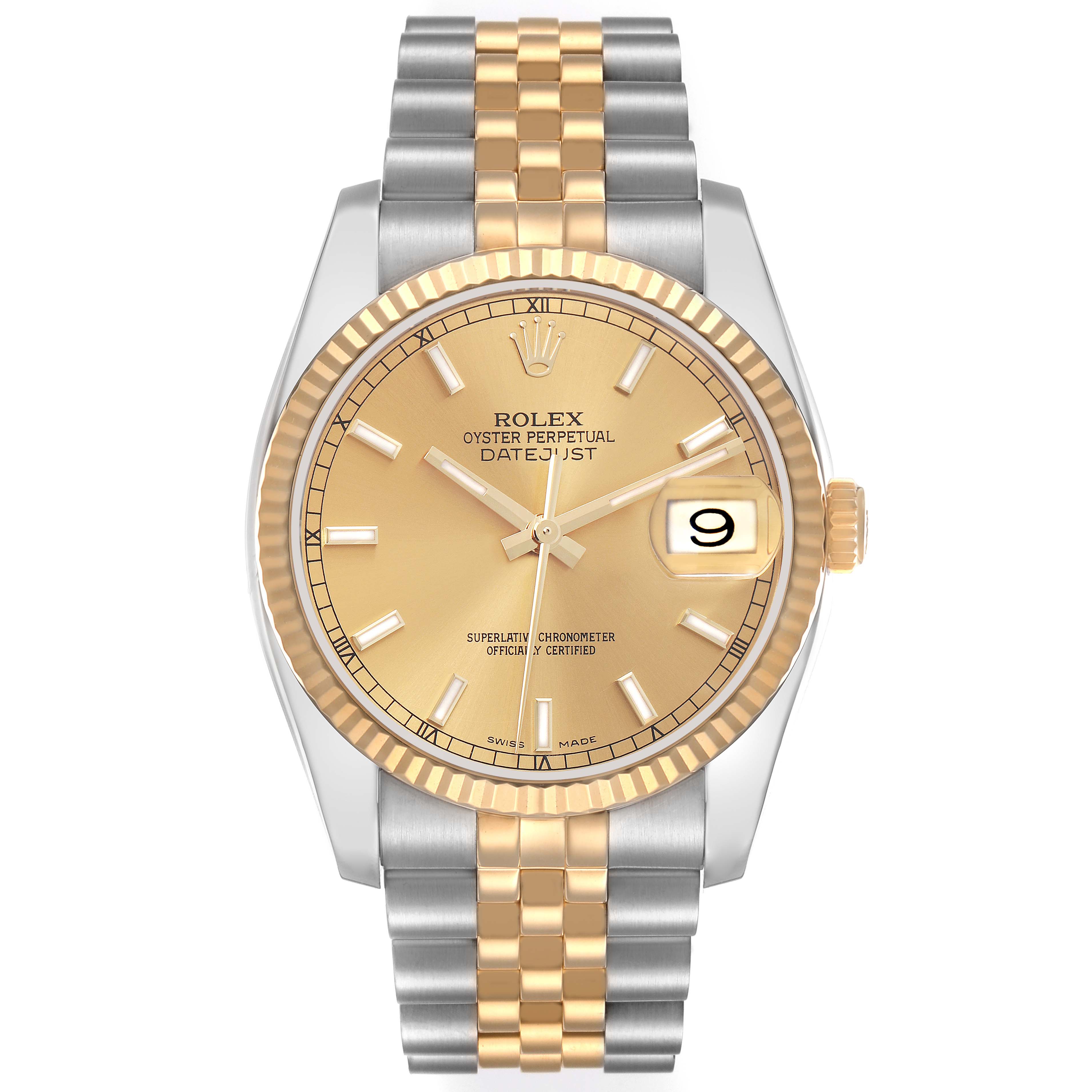 The Rolex Datejust 116233 Men
s Steel and Gold (two tone) Champagne Dial 116233 Men
s Steel and Gold (two tone) Champagne Dial watch is shown from a front angle, displaying its dial, bezel, bracelet, and crown.