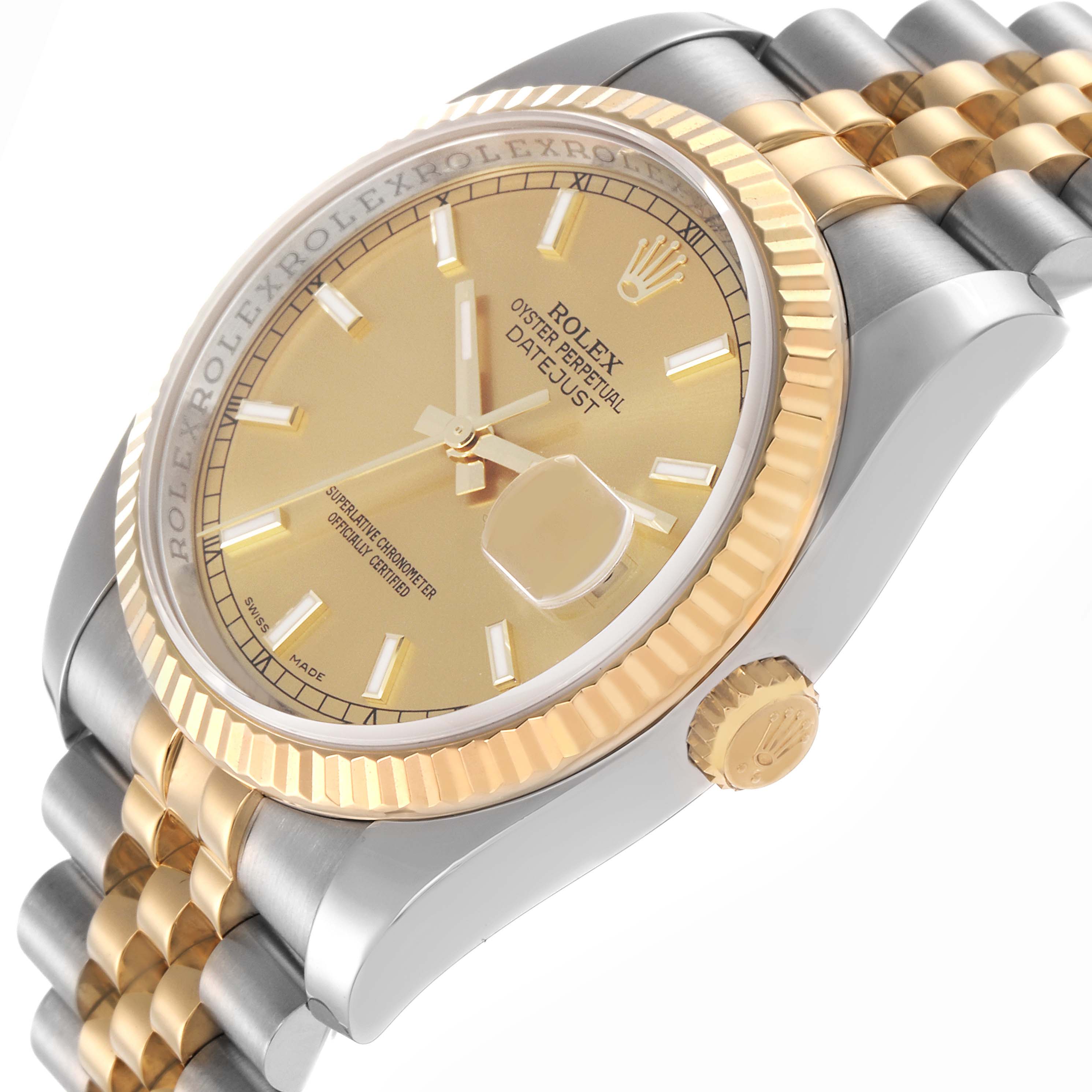 The Rolex Datejust 116233 Men
s Steel and Gold (two tone) Champagne Dial 116233 Men
s Steel and Gold (two tone) Champagne Dial watch is shown at an oblique angle that highlights the dial, fluted bezel, and part of the bracelet.