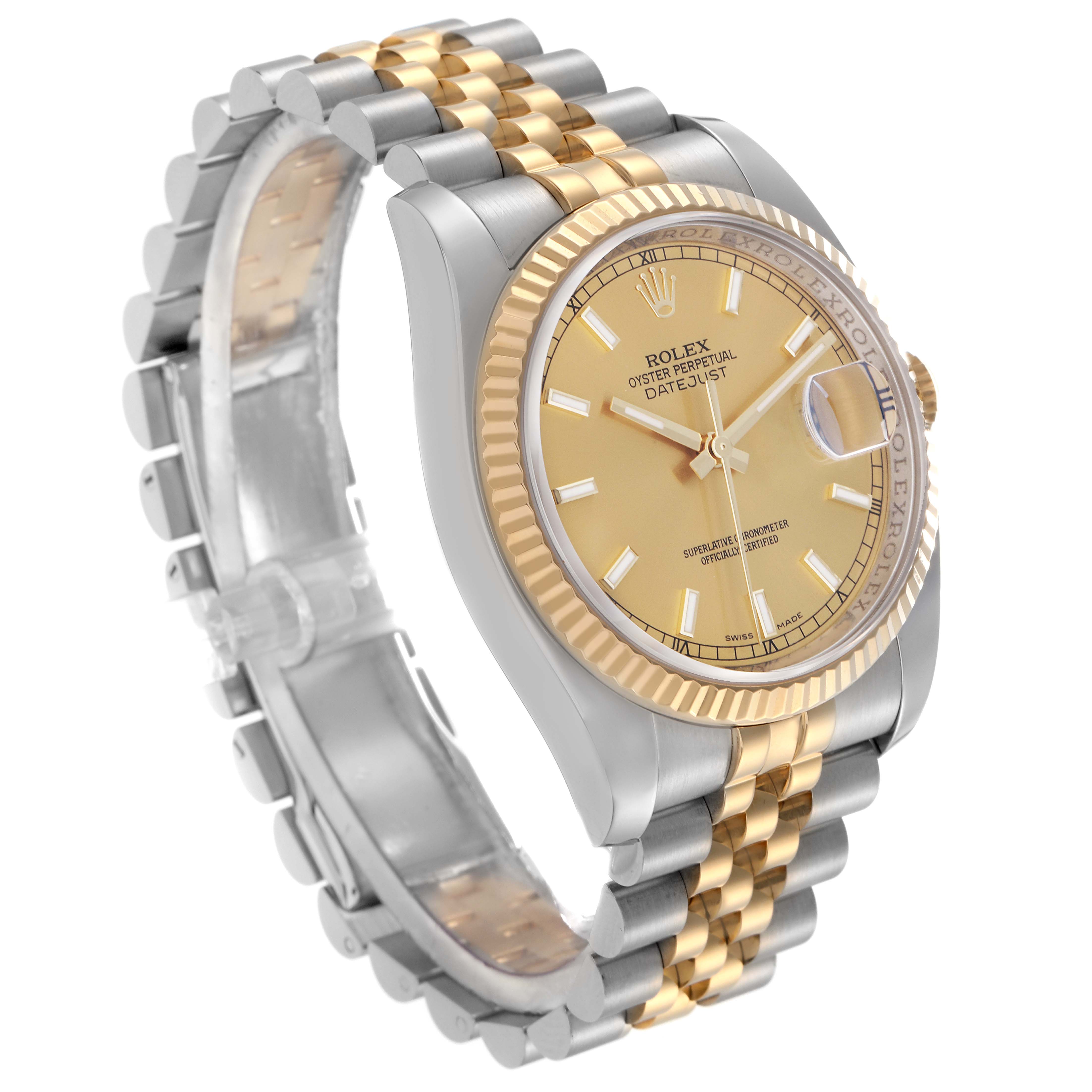The Rolex Datejust 116233 Men
s Steel and Gold (two tone) Champagne Dial 116233 Men
s Steel and Gold (two tone) Champagne Dial watch is shown from a three-quarter angle, displaying the dial, bezel, and part of the two-tone bracelet.