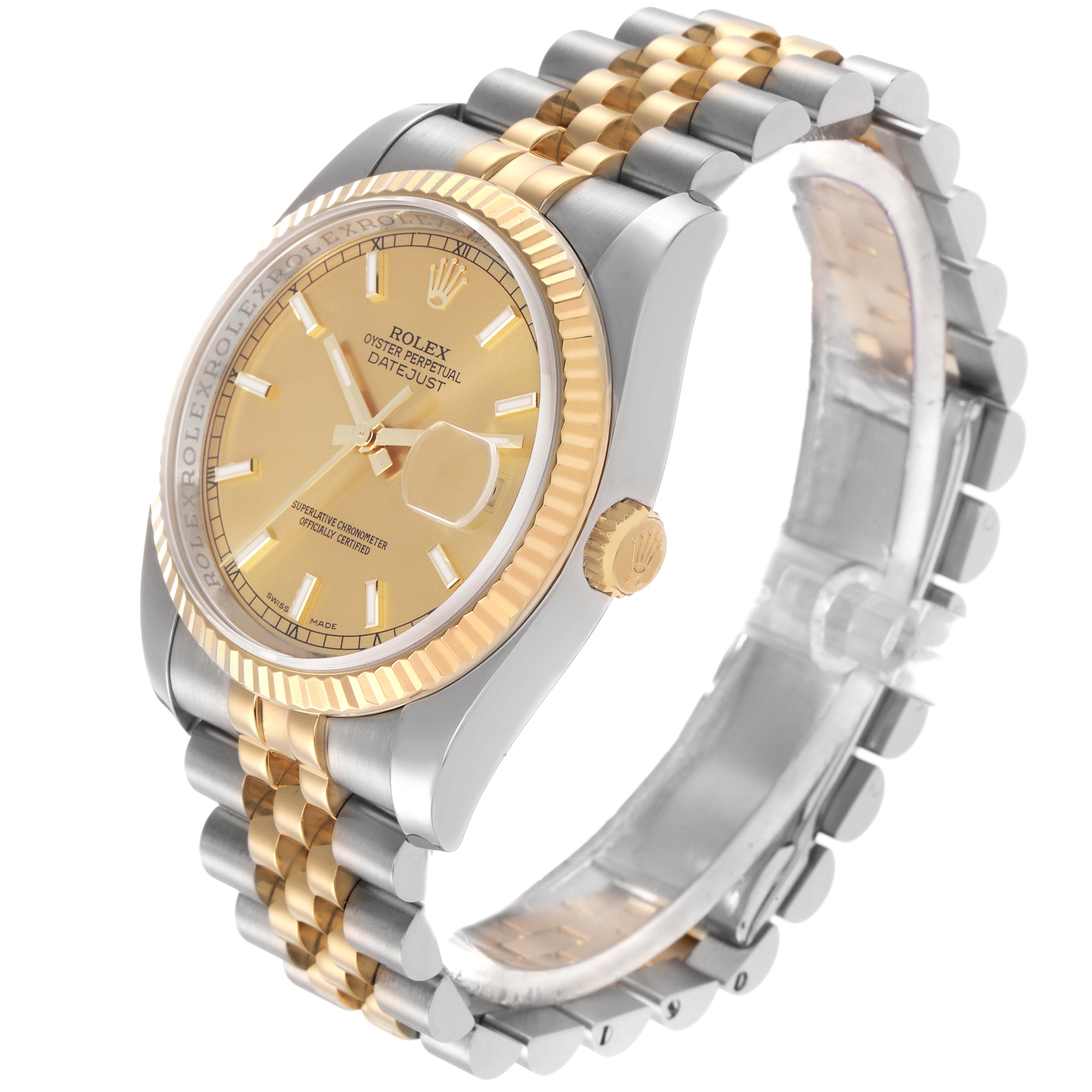 The Rolex Datejust 116233 Men
s Steel and Gold (two tone) Champagne Dial 116233 Men
s Steel and Gold (two tone) Champagne Dial watch is angled to show the front dial, bezel, crown, and part of the jubilee bracelet in a side profile.