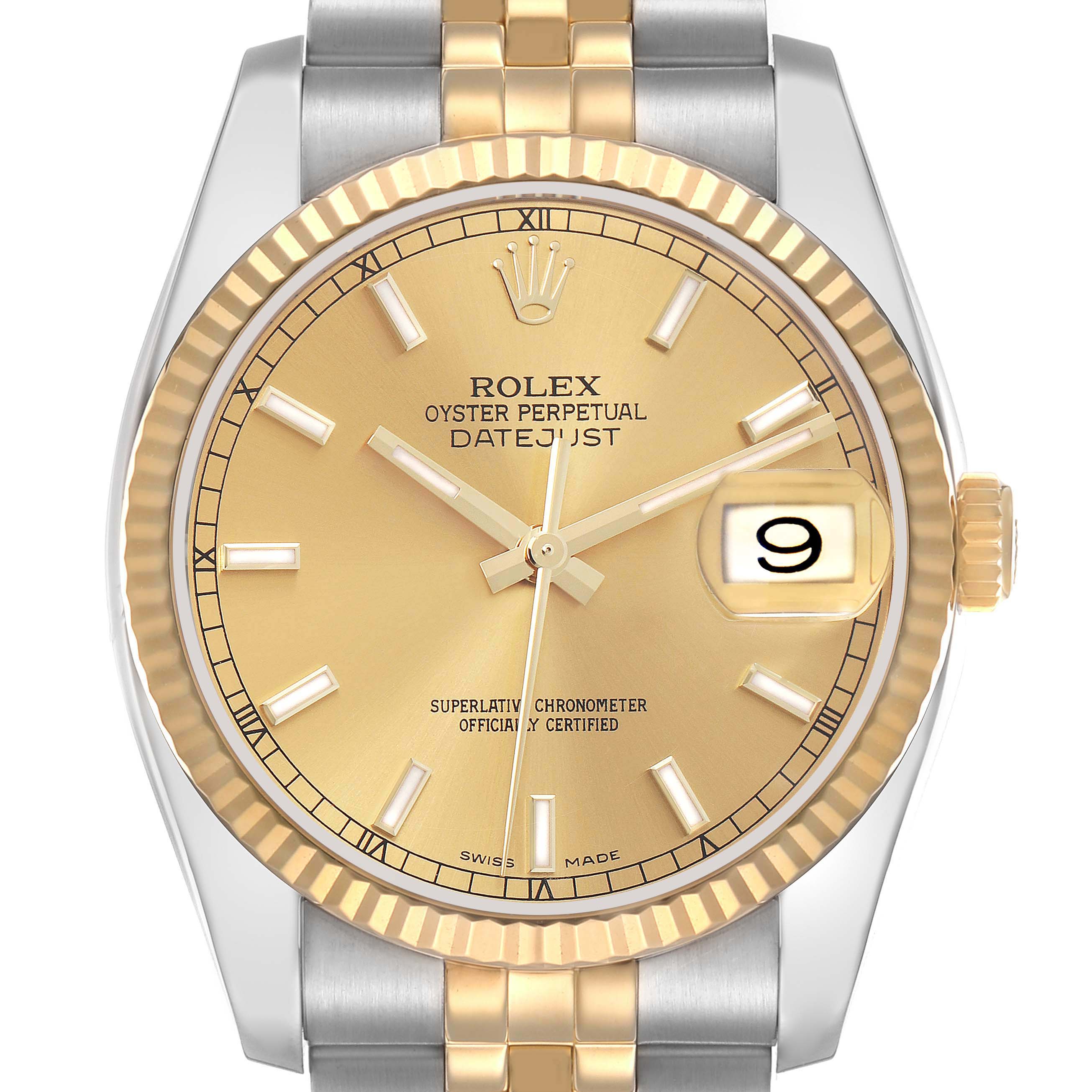 The Rolex Datejust 116233 Men
s Steel and Gold (two tone) Champagne Dial 116233 Men
s Steel and Gold (two tone) Champagne Dial watch is shown from the front, displaying its gold dial, fluted bezel, and jubilee bracelet.