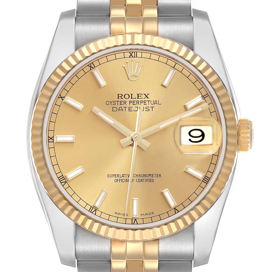 The Rolex Datejust watch is shown from the front, displaying its gold dial, fluted bezel, and jubilee bracelet.