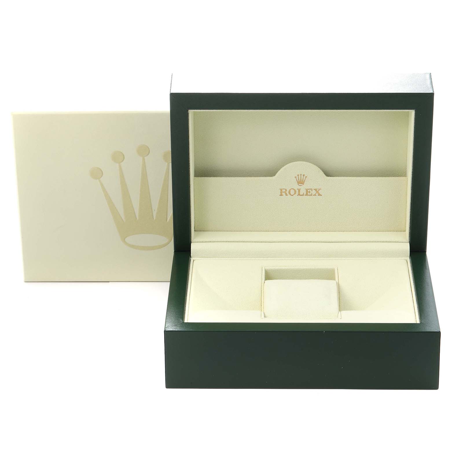 The image shows a Rolex Datejust 116233 Men
s Steel and Gold (two tone) Champagne Dial 116233 Men
s Steel and Gold (two tone) Champagne Dial watch box open, displaying the interior padding and compartment, viewed from the front.