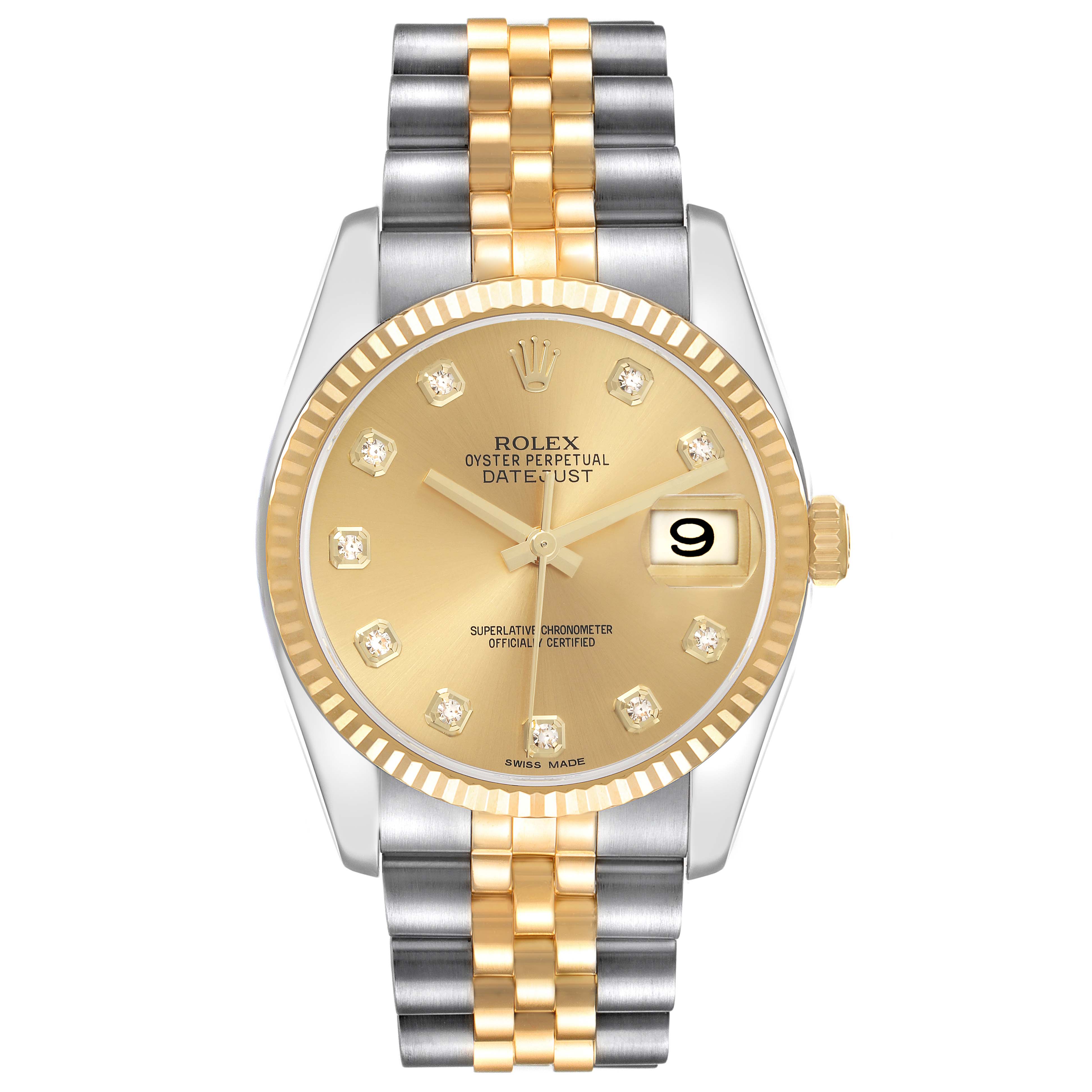The Rolex Datejust 116233 Men
s Steel and Gold (two tone) Champagne Dial 116233 Men
s Steel and Gold (two tone) Champagne Dial watch is shown from the front, featuring a gold dial, diamond hour markers, gold bezel, and a two-tone bracelet.