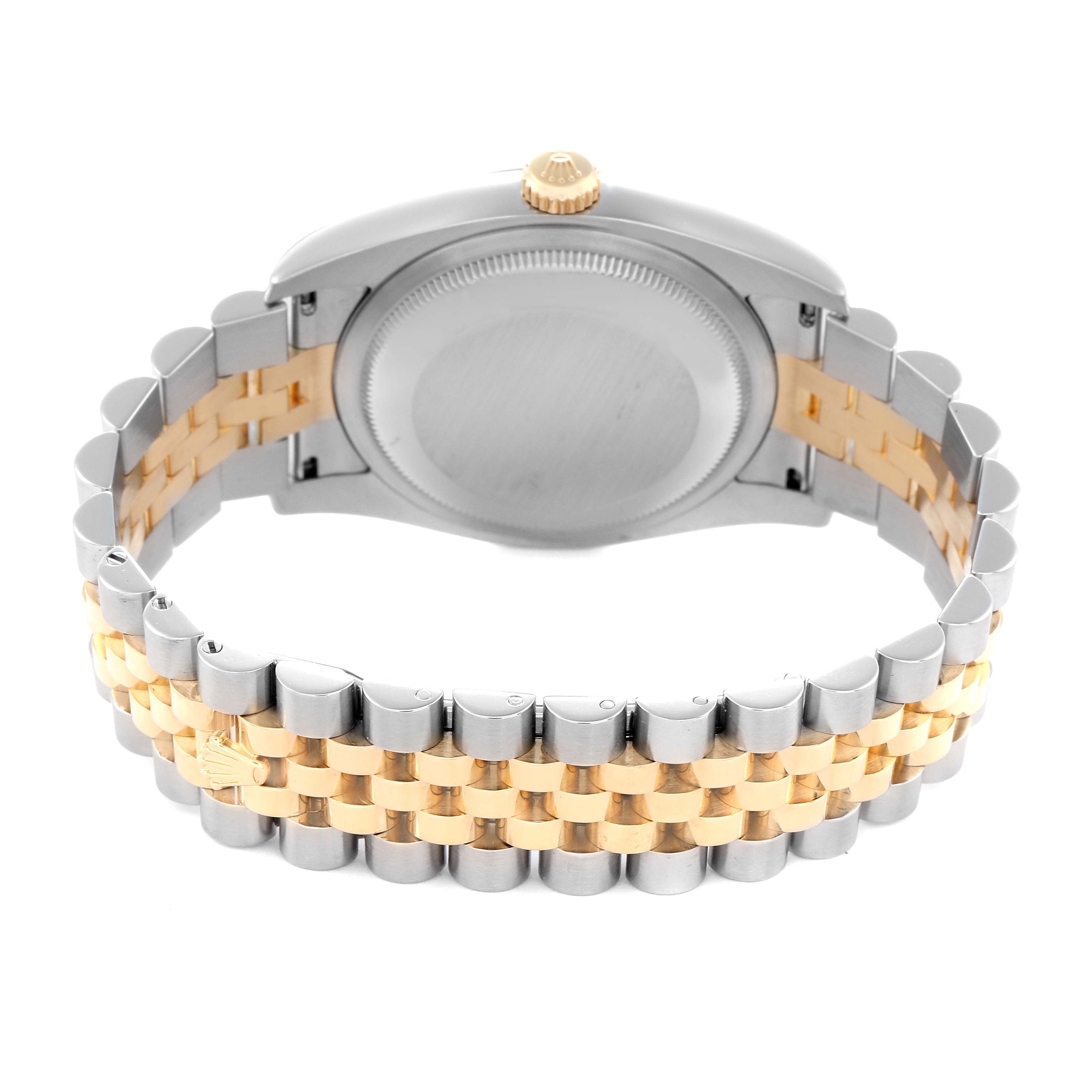 The image shows the back view of a Rolex Datejust 116233 Men
s Steel and Gold (two tone) Champagne Dial 116233 Men
s Steel and Gold (two tone) Champagne Dial watch, highlighting the case back and two-tone bracelet.